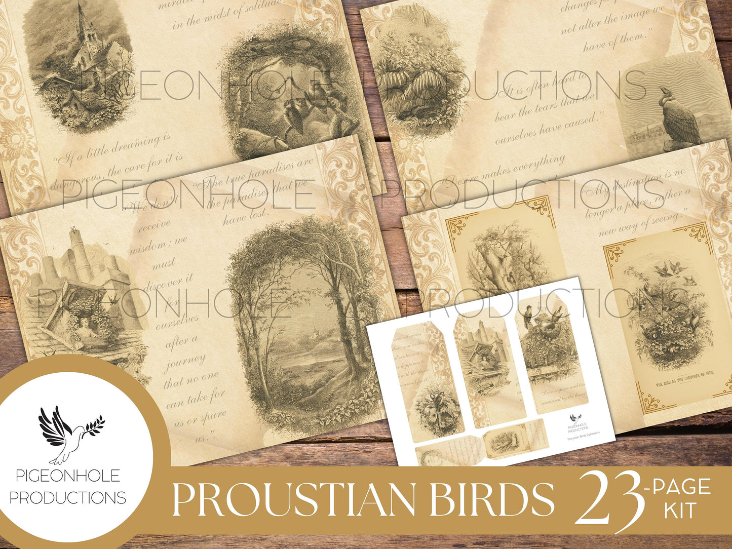 Proustian Birds Junk Journal Kit, PRINTABLE— 23 pages, backgrounds, ephemera—beautiful vintage bird illustrations and uplifting quotes!