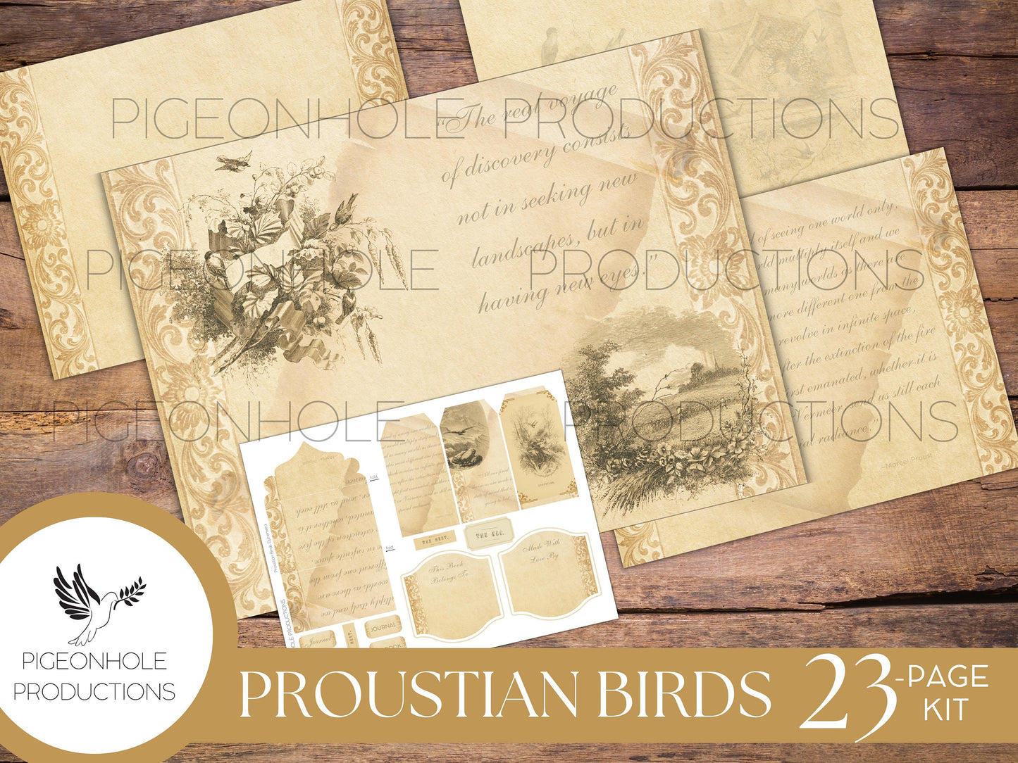 Proustian Birds Junk Journal Kit, PRINTABLE— 23 pages, backgrounds, ephemera—beautiful vintage bird illustrations and uplifting quotes!