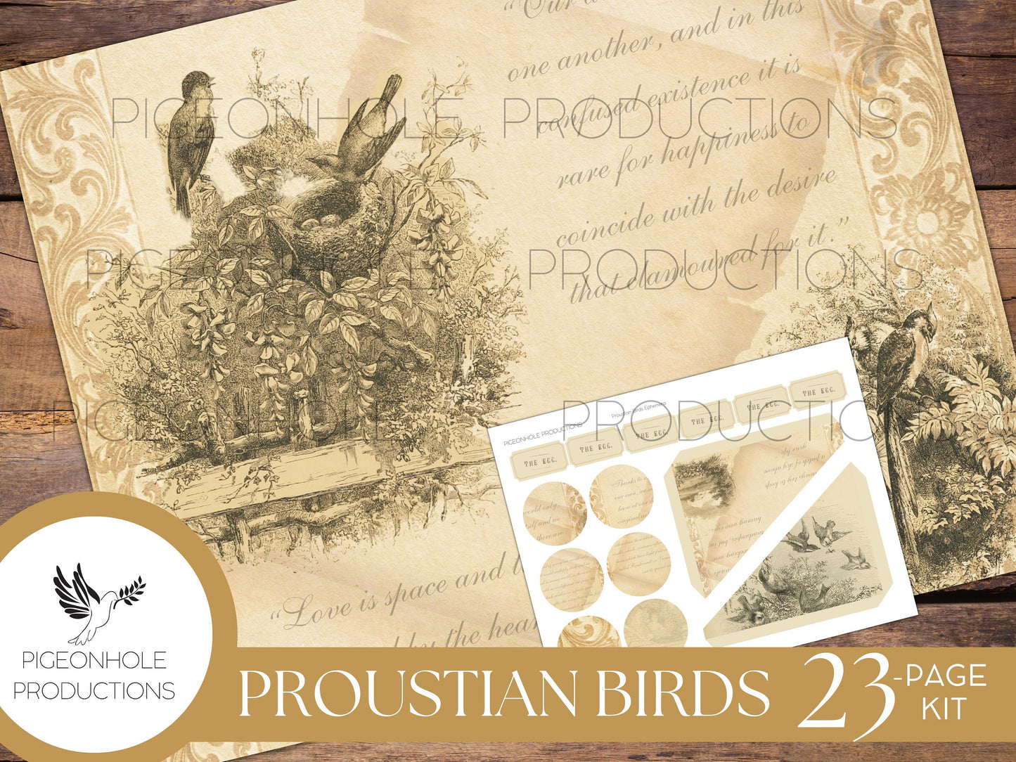 Proustian Birds Junk Journal Kit, PRINTABLE— 23 pages, backgrounds, ephemera—beautiful vintage bird illustrations and uplifting quotes!