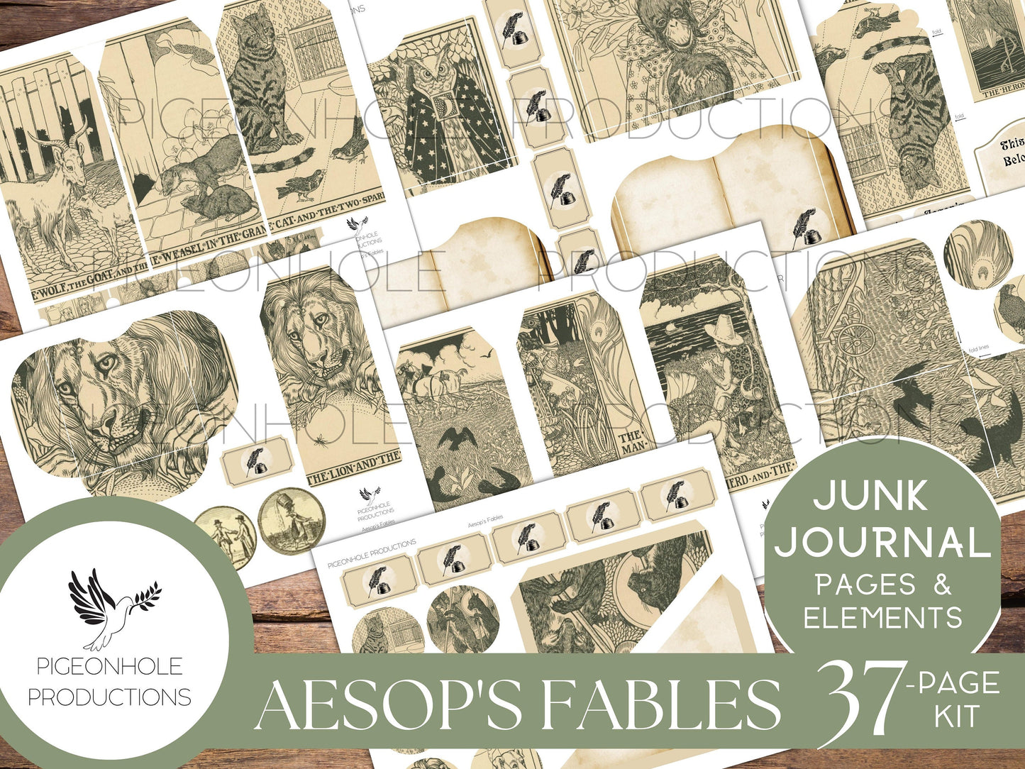 Aesop's Fables Junk Journal Kit, PRINTABLE, 37 pages, backgrounds, ephemera, for literature lovers, based on fable fantasy literature