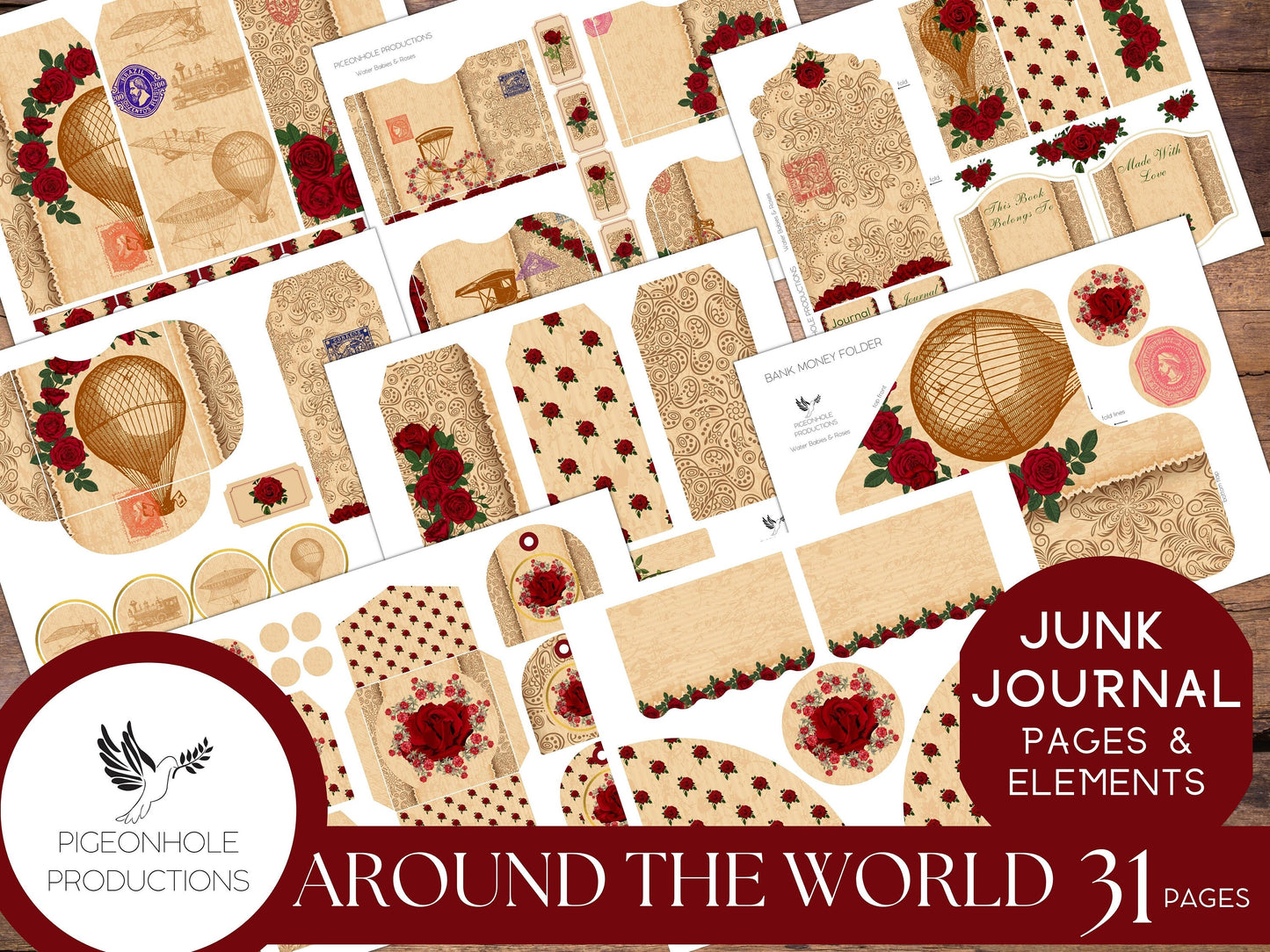 Around the World in 80 Days with Red Roses, Junk Journal Kit, PRINTABLE, 31 pages, backgrounds, ephemera, inspired by the 1956 movie