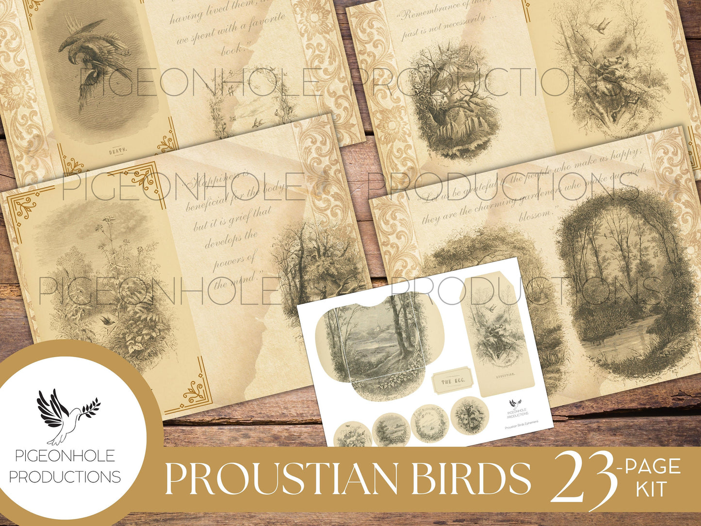 Proustian Birds Junk Journal Kit, PRINTABLE— 23 pages, backgrounds, ephemera—beautiful vintage bird illustrations and uplifting quotes!