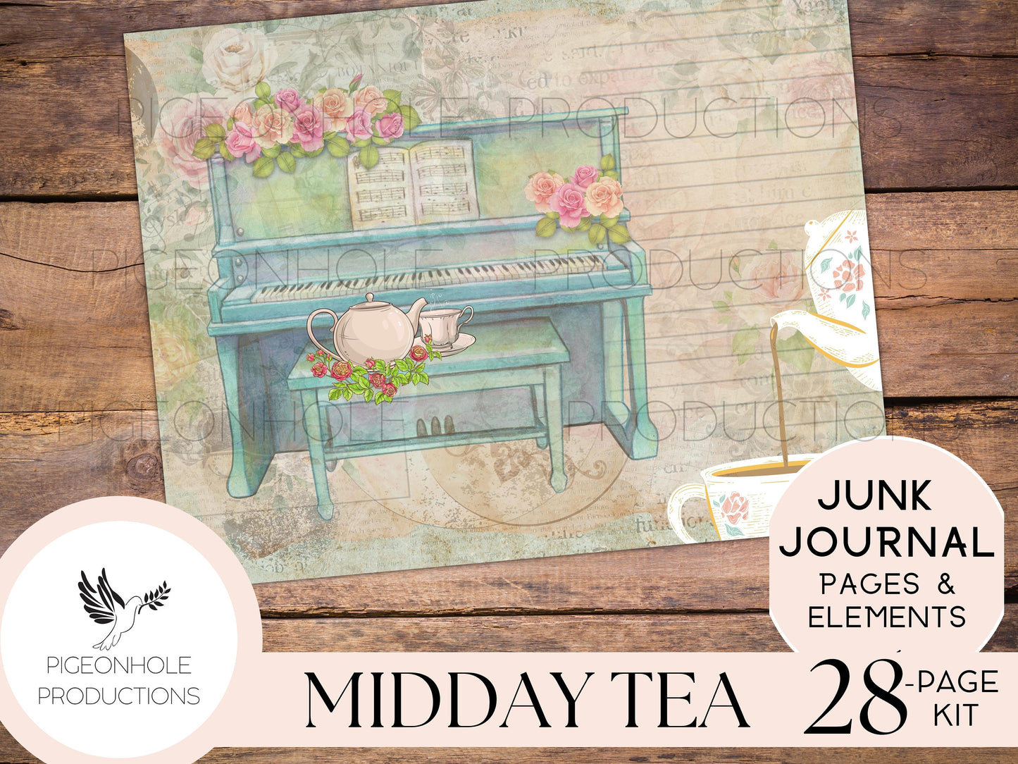 Midday Tea Junk Journal Kit—PRINTABLE—28 pages, plus 60+ tags, pockets, tickets, more