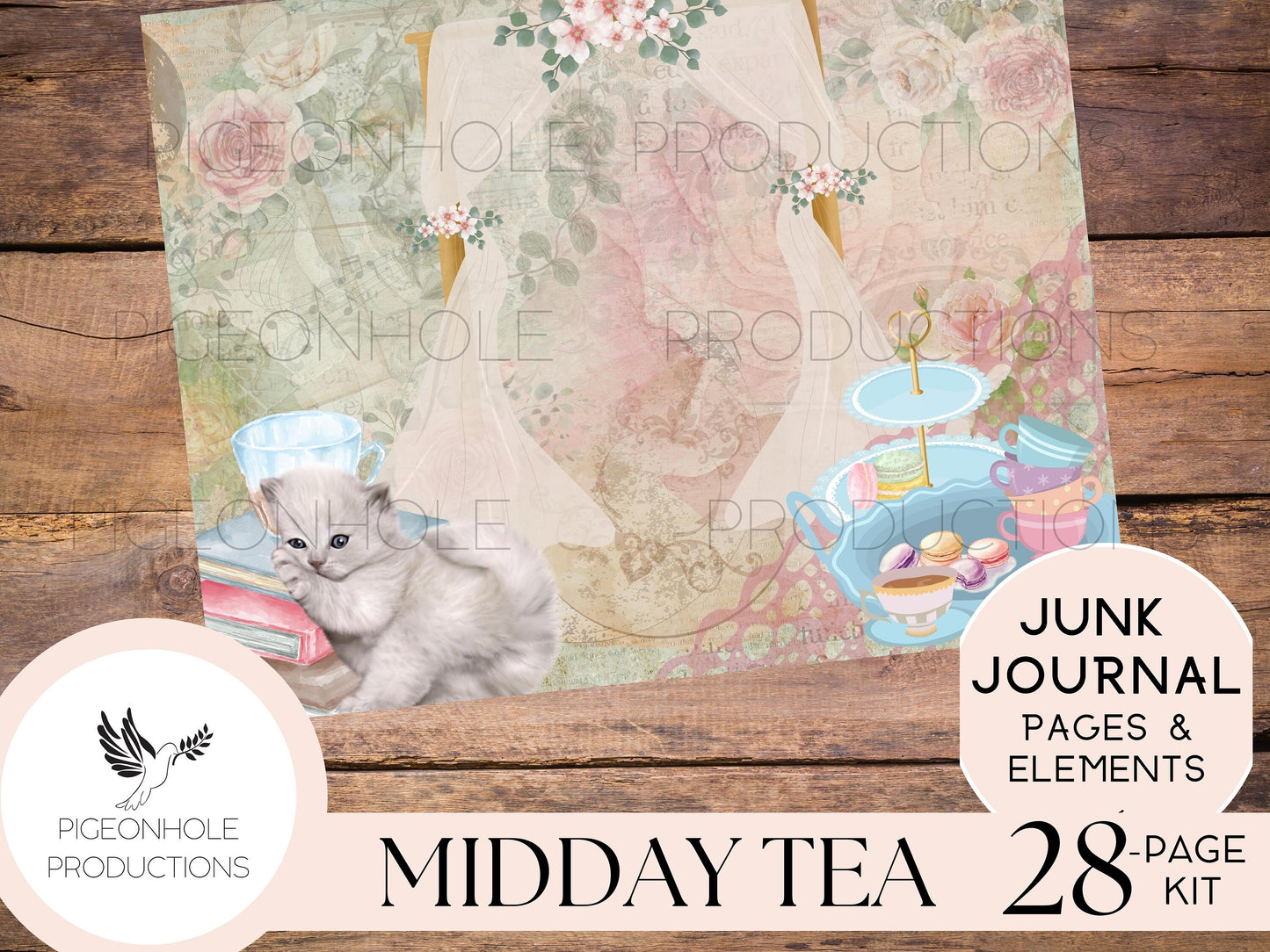 Midday Tea Junk Journal Kit—PRINTABLE—28 pages, plus 60+ tags, pockets, tickets, more