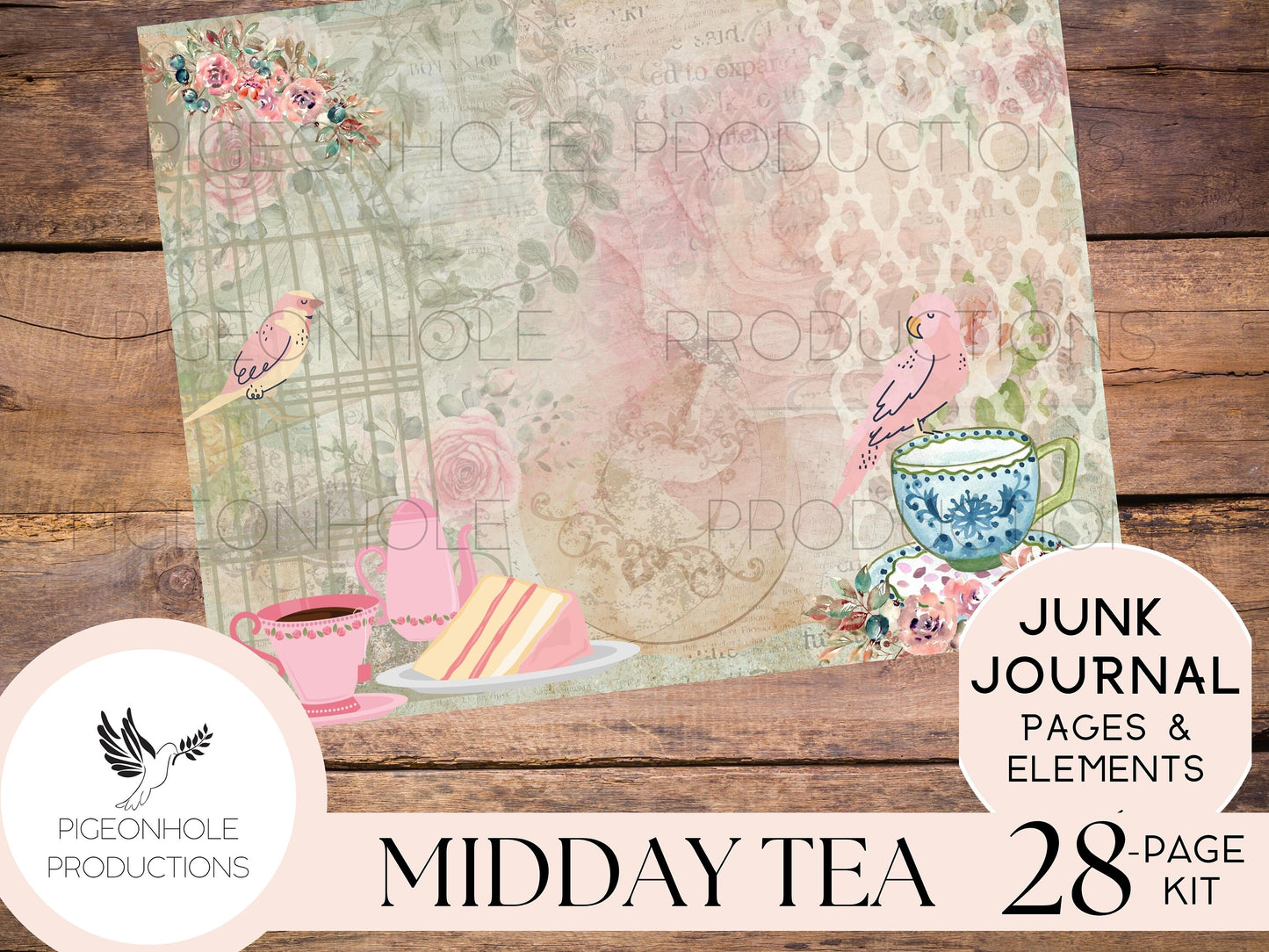Midday Tea Junk Journal Kit—PRINTABLE—28 pages, plus 60+ tags, pockets, tickets, more