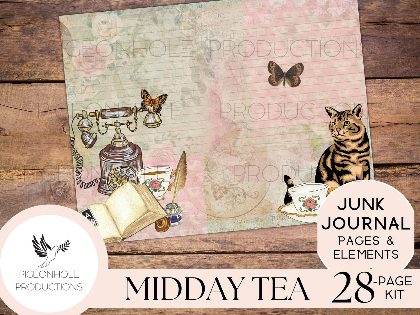 Midday Tea Junk Journal Kit—PRINTABLE—28 pages, plus 60+ tags, pockets, tickets, more