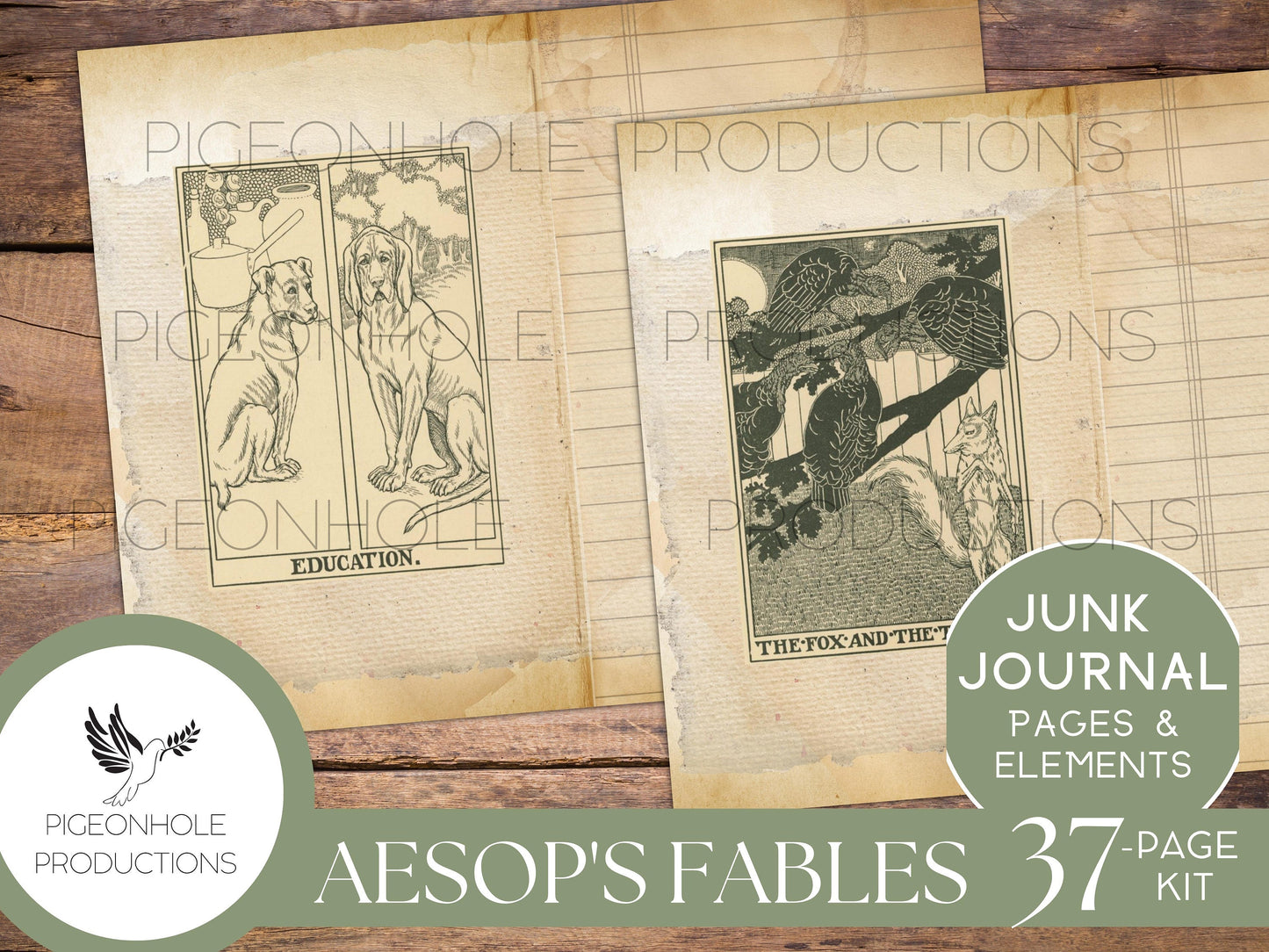 Aesop's Fables Junk Journal Kit, PRINTABLE, 37 pages, backgrounds, ephemera, for literature lovers, based on fable fantasy literature