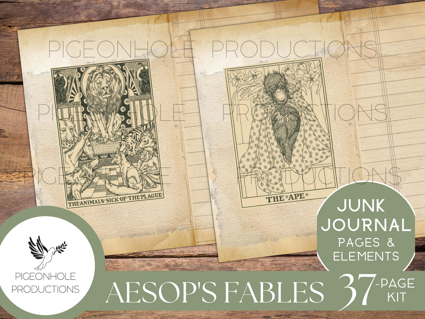 Aesop's Fables Junk Journal Kit, PRINTABLE, 37 pages, backgrounds, ephemera, for literature lovers, based on fable fantasy literature