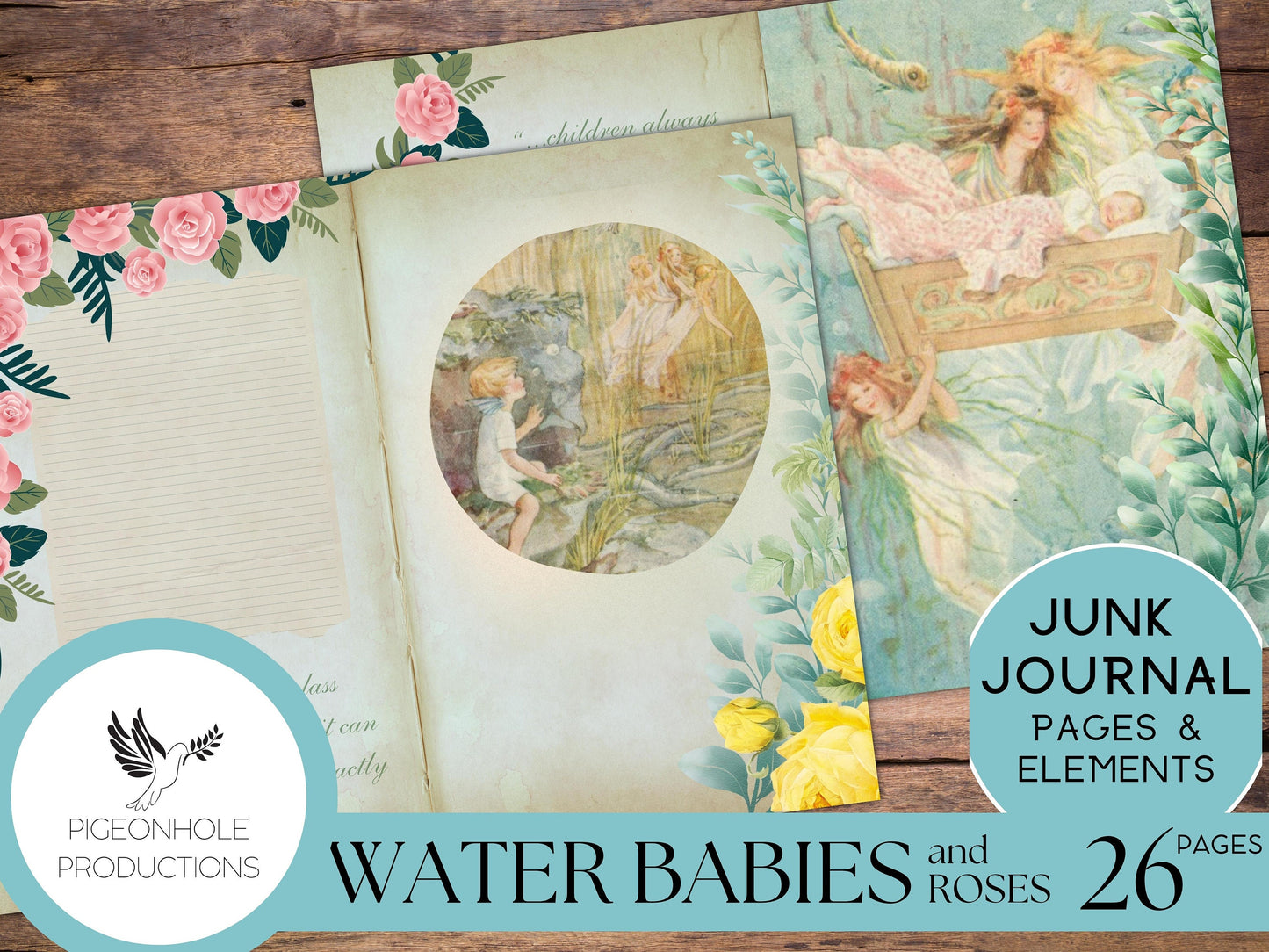 Water Babies Fairies & Roses Junk Journal Kit, PRINTABLE— 26 pages, backgrounds, elements—Literature Lover's Kit 2—water fairies