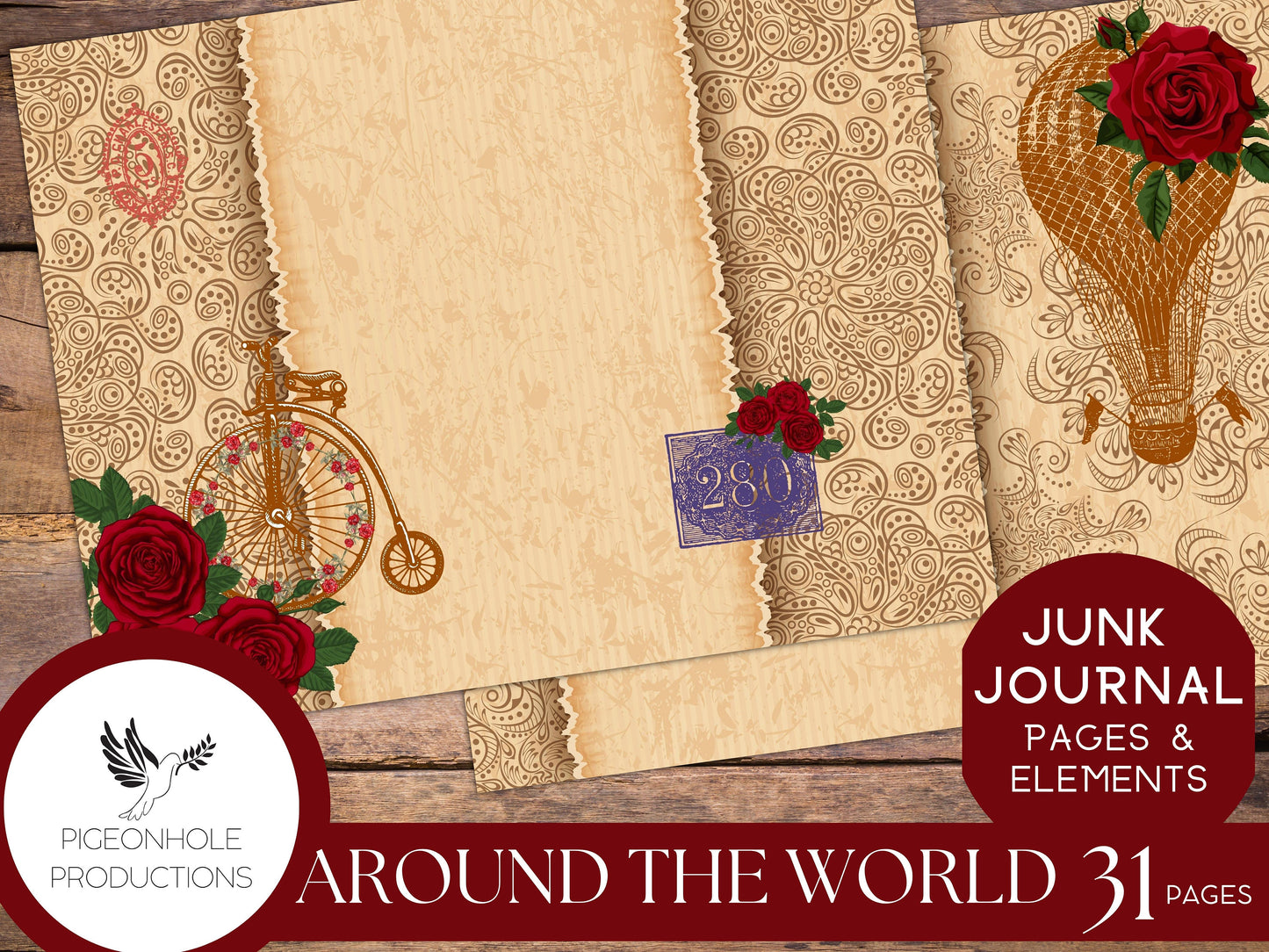Around the World in 80 Days with Red Roses, Junk Journal Kit, PRINTABLE, 31 pages, backgrounds, ephemera, inspired by the 1956 movie