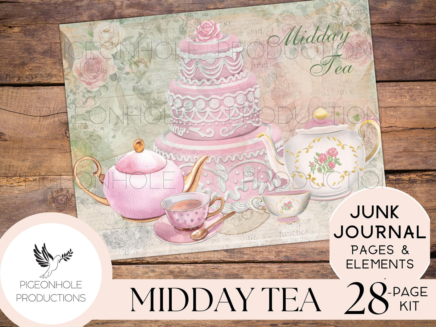Midday Tea Junk Journal Kit—PRINTABLE—28 pages, plus 60+ tags, pockets, tickets, more