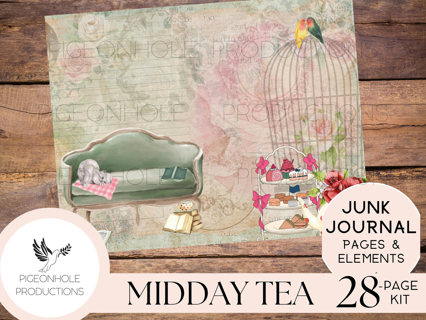 Midday Tea Junk Journal Kit—PRINTABLE—28 pages, plus 60+ tags, pockets, tickets, more