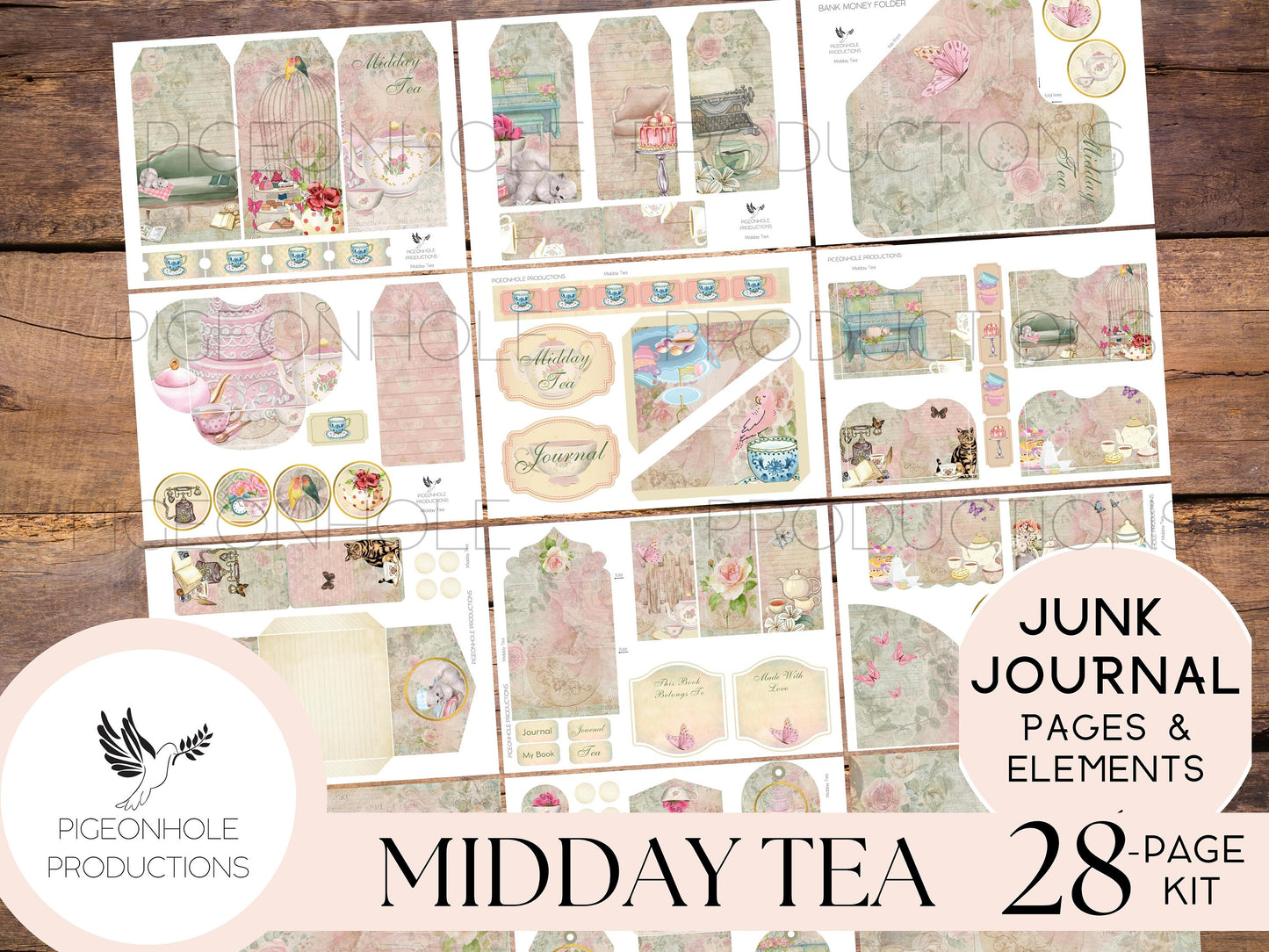 Midday Tea Junk Journal Kit—PRINTABLE—28 pages, plus 60+ tags, pockets, tickets, more