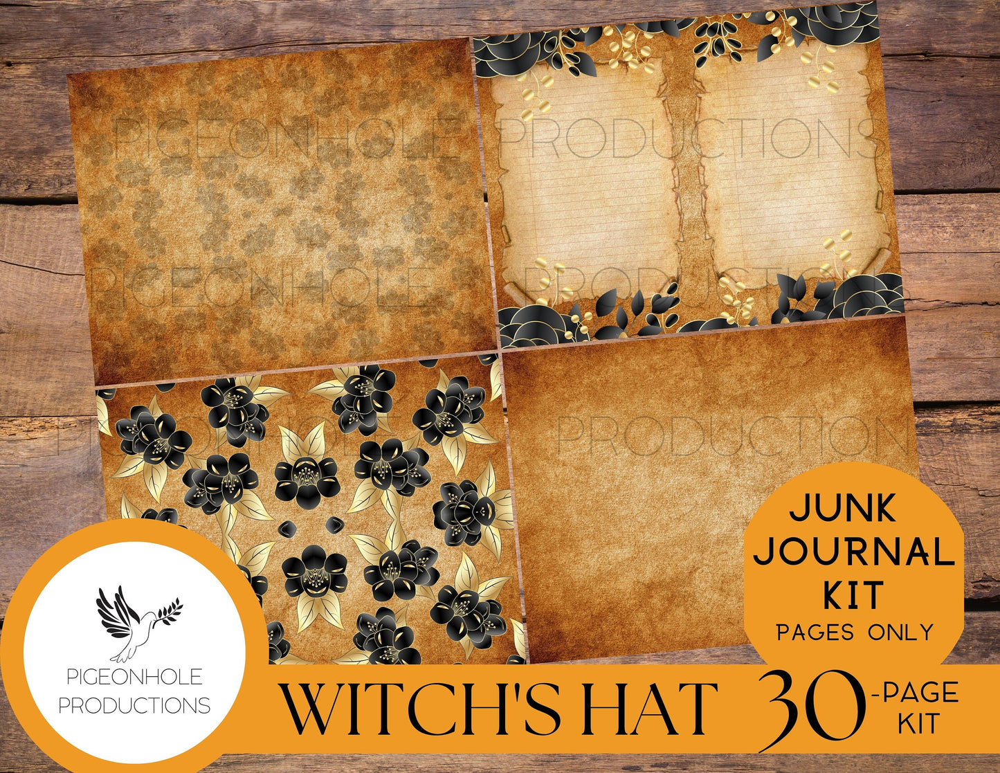 Witch's Hat Junk Journal Kit, Pages Only—PRINTABLE—30 sheets of whimsical fall/Halloween illustrations for journaling and art projects