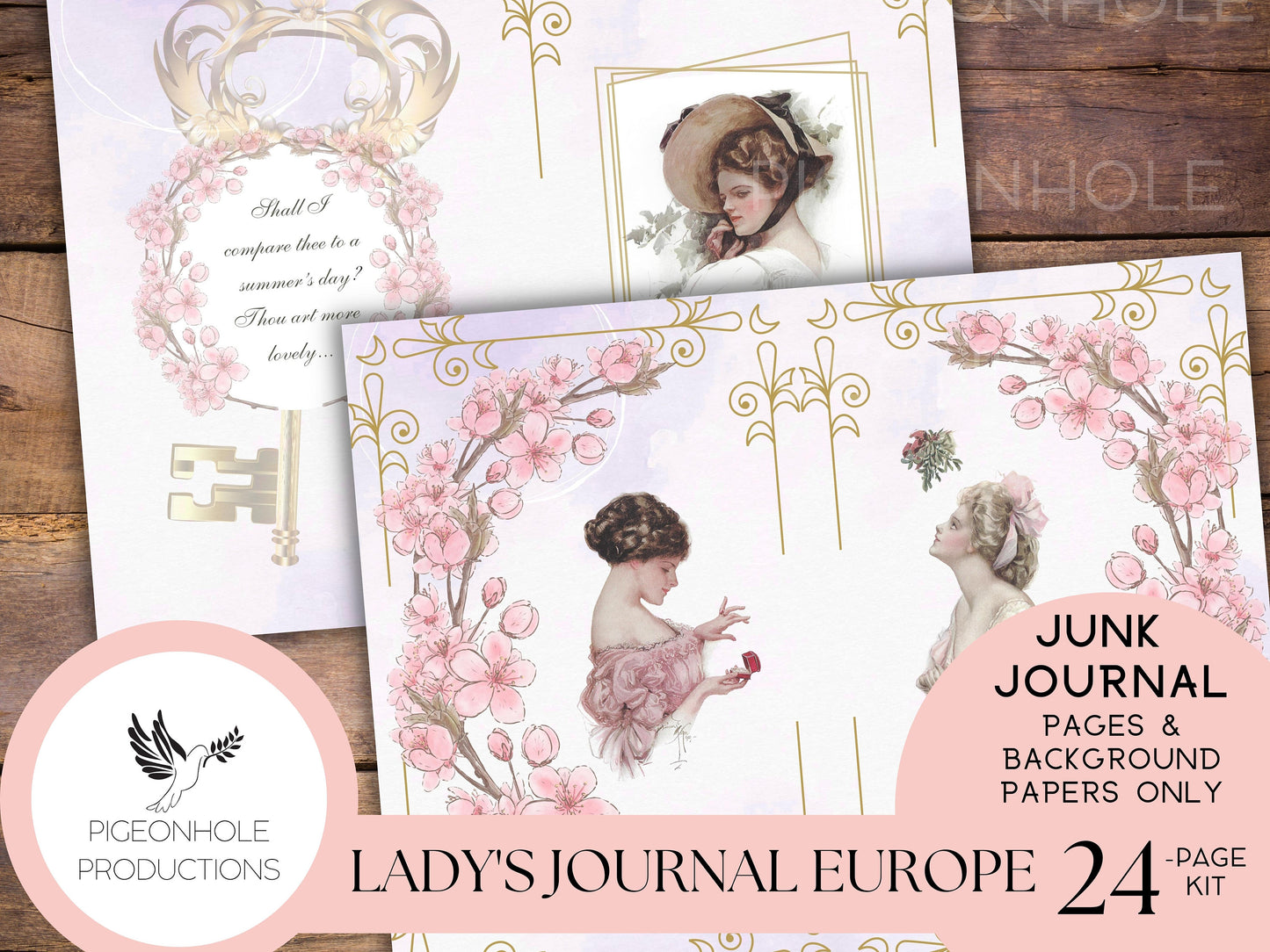 Lady's Journal Europe Junk Journal Kit—PRINTABLE—24 pages, tribute to Harrison Fisher's illustrations—plus etchings of European cities