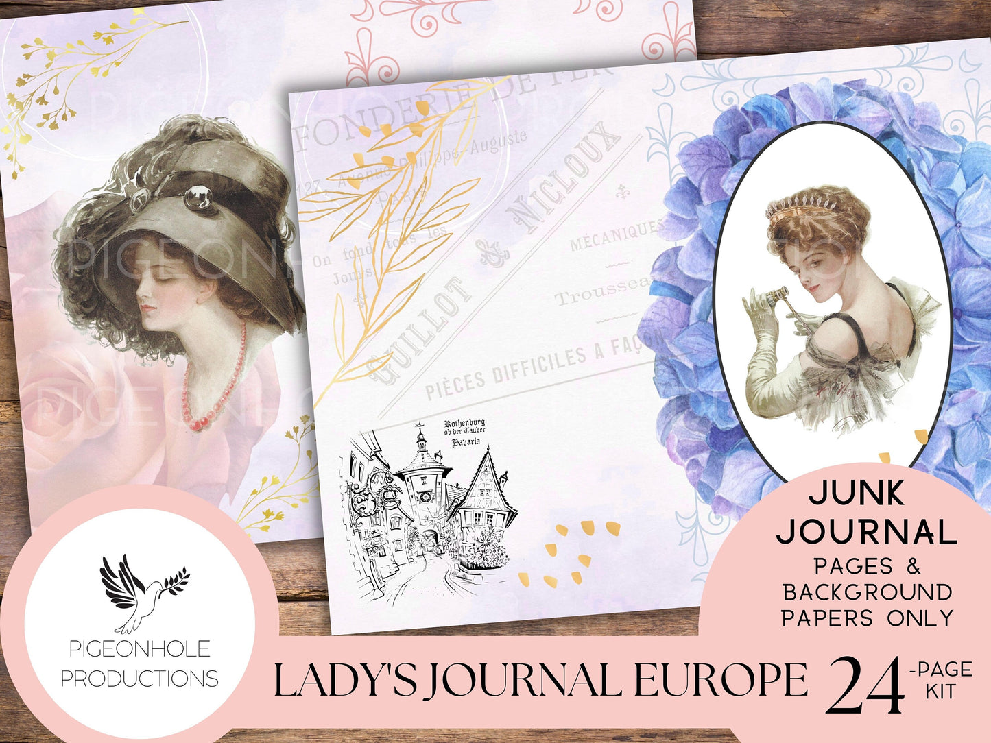 Lady's Journal Europe Junk Journal Kit—PRINTABLE—24 pages, tribute to Harrison Fisher's illustrations—plus etchings of European cities