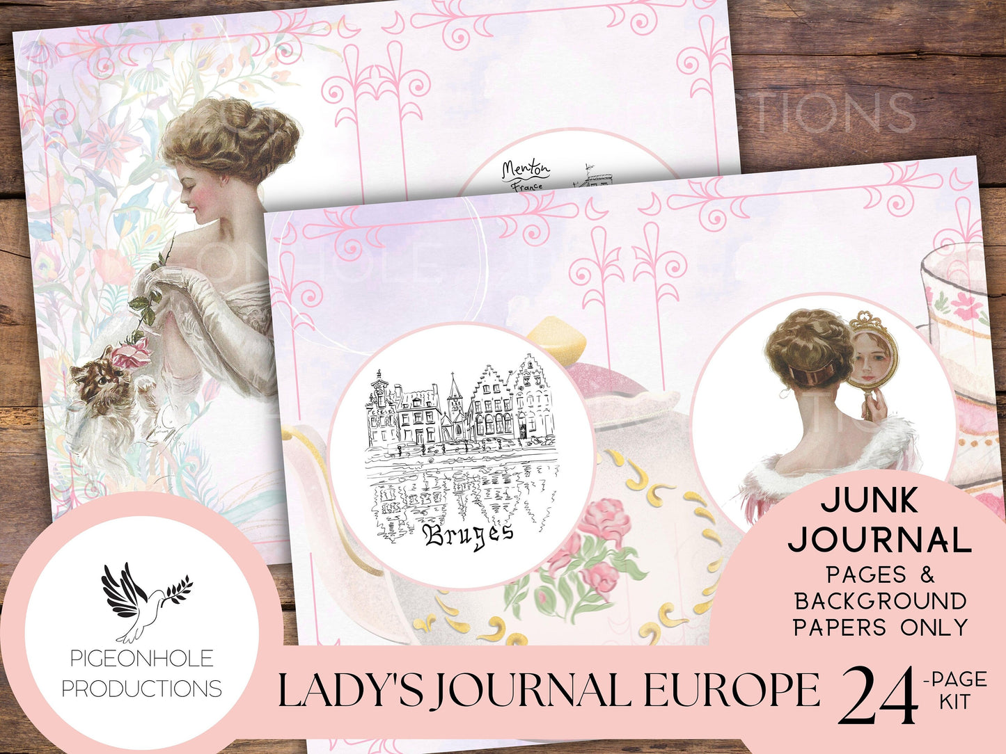 Lady's Journal Europe Junk Journal Kit—PRINTABLE—24 pages, tribute to Harrison Fisher's illustrations—plus etchings of European cities
