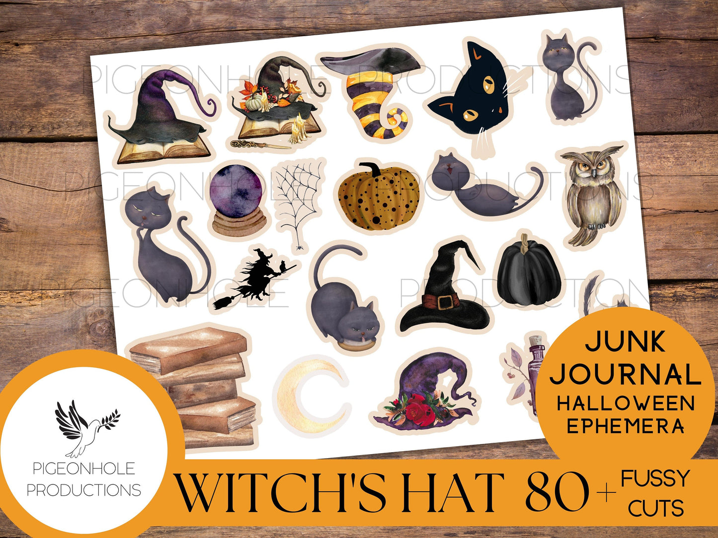 Witch's Hat Halloween FUSSY CUTS—PRINTABLE—80+ witch hats, cats, bats, owls, haunted mansions, ravens, spiders, pumpkins—for you to cut out