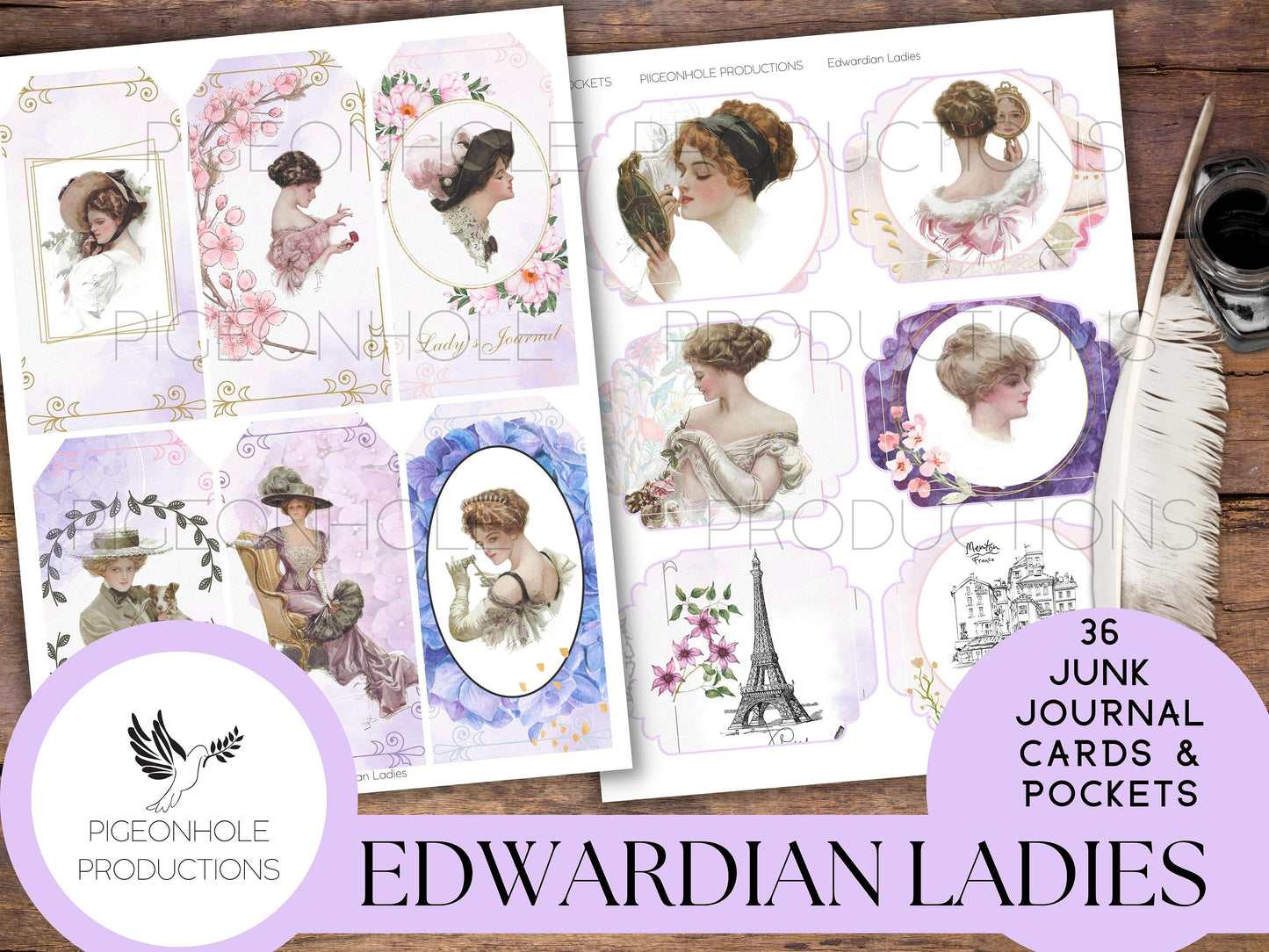 36 Edwardian Ladies Junk Journal Cards & Pockets, PRINTABLE, tribute to Harrison Fisher's illustrations—coordinating journal sold separately