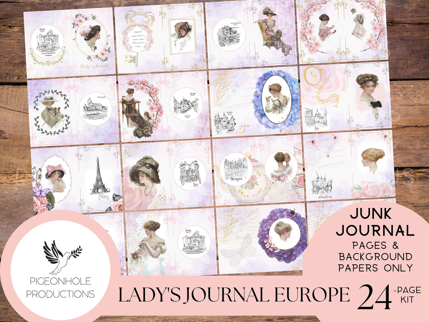 Lady's Journal Europe Junk Journal Kit—PRINTABLE—24 pages, tribute to Harrison Fisher's illustrations—plus etchings of European cities