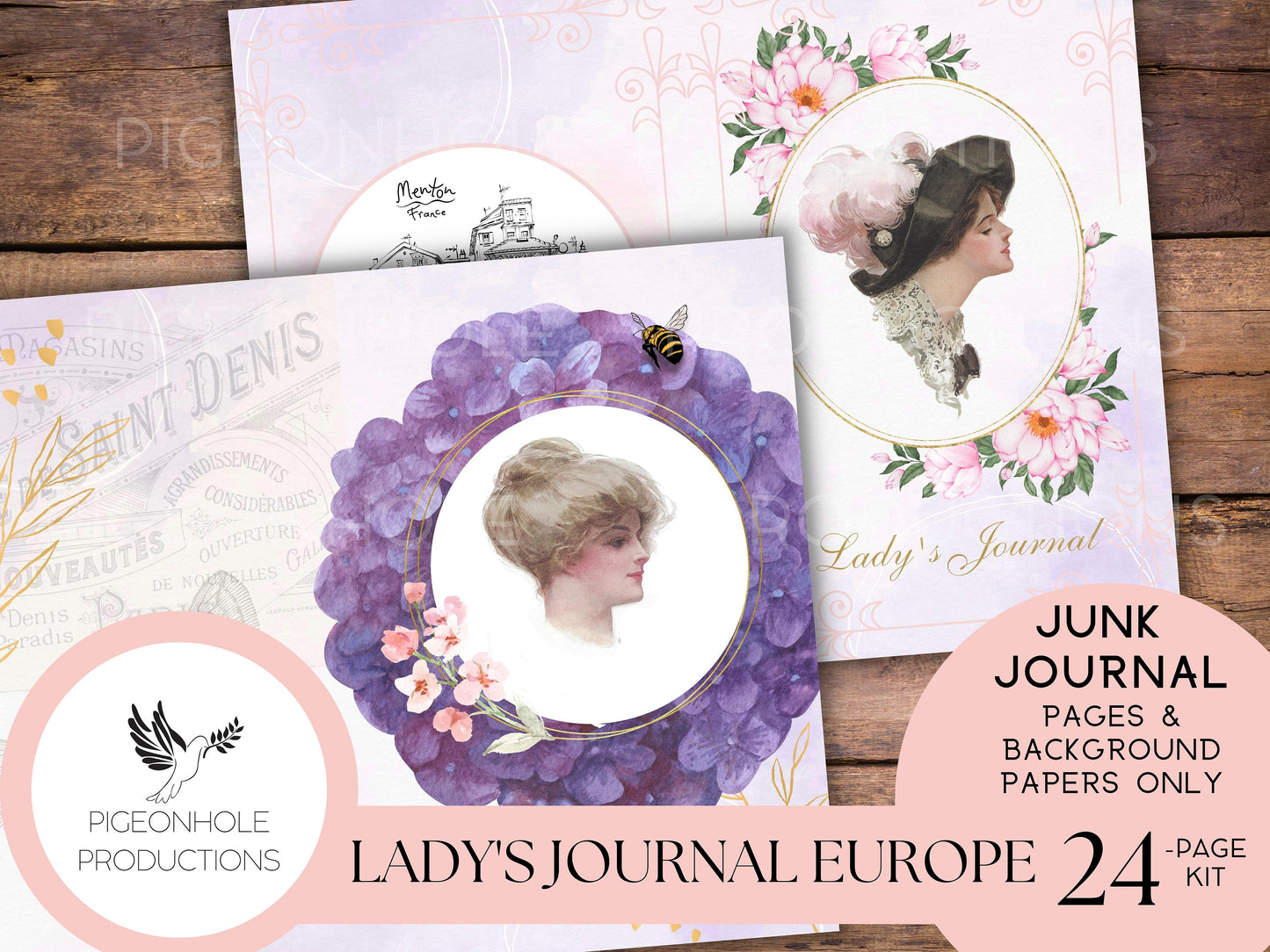 Lady's Journal Europe Junk Journal Kit—PRINTABLE—24 pages, tribute to Harrison Fisher's illustrations—plus etchings of European cities