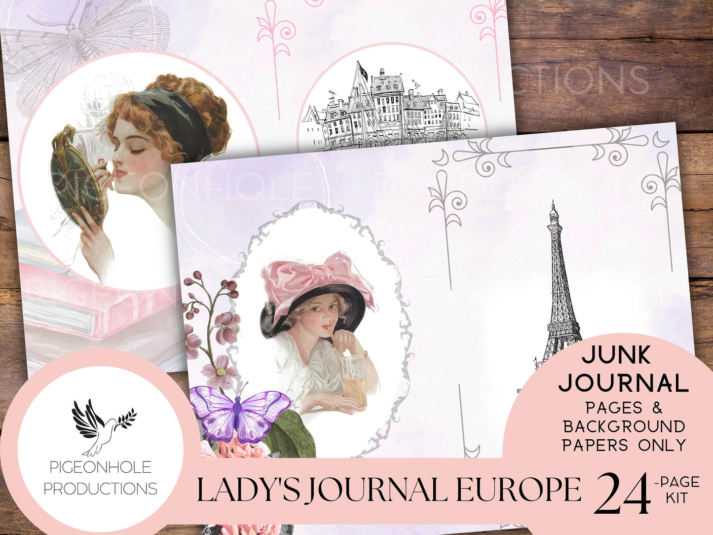 Lady's Journal Europe Junk Journal Kit—PRINTABLE—24 pages, tribute to Harrison Fisher's illustrations—plus etchings of European cities