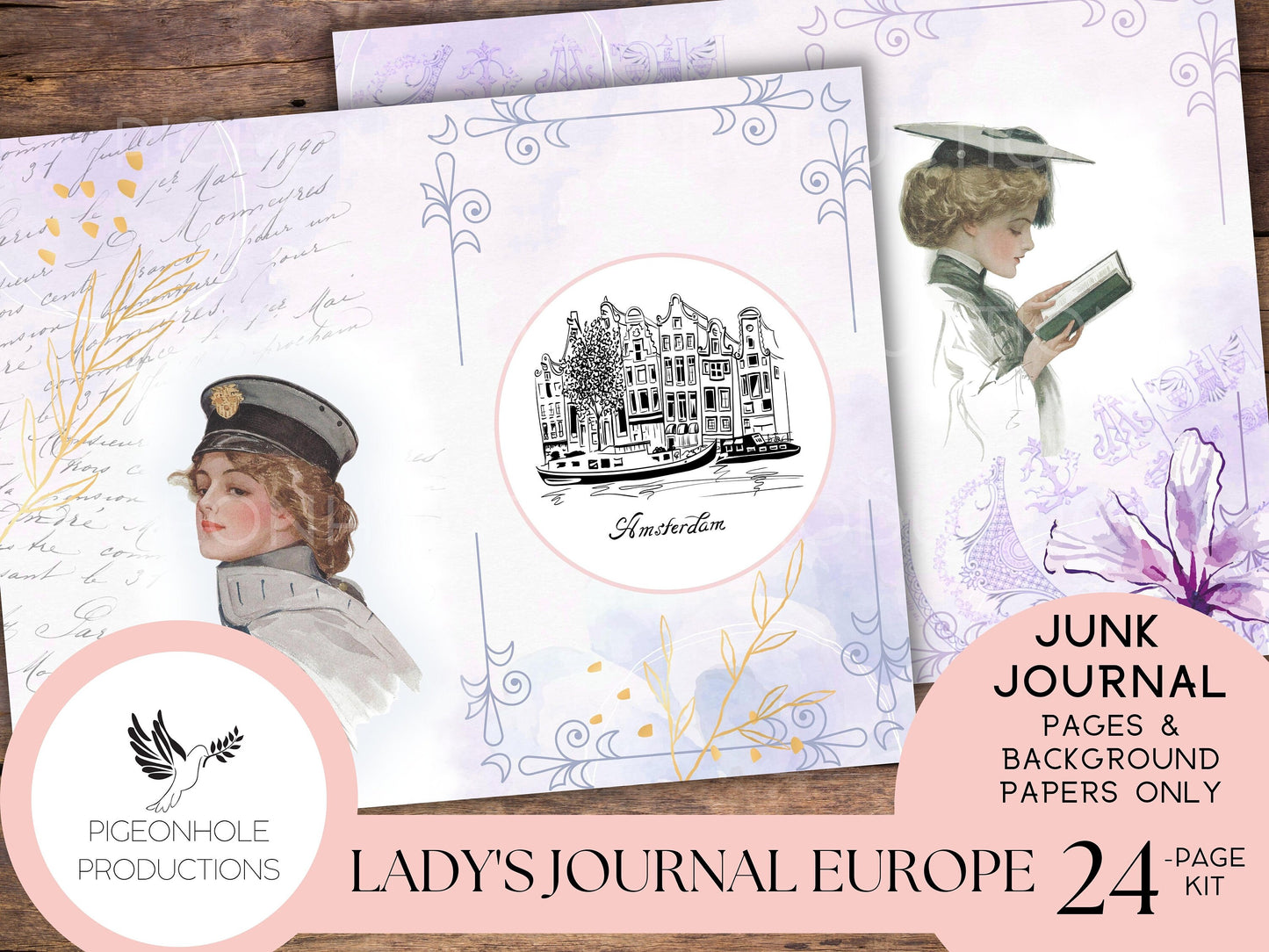 Lady's Journal Europe Junk Journal Kit—PRINTABLE—24 pages, tribute to Harrison Fisher's illustrations—plus etchings of European cities