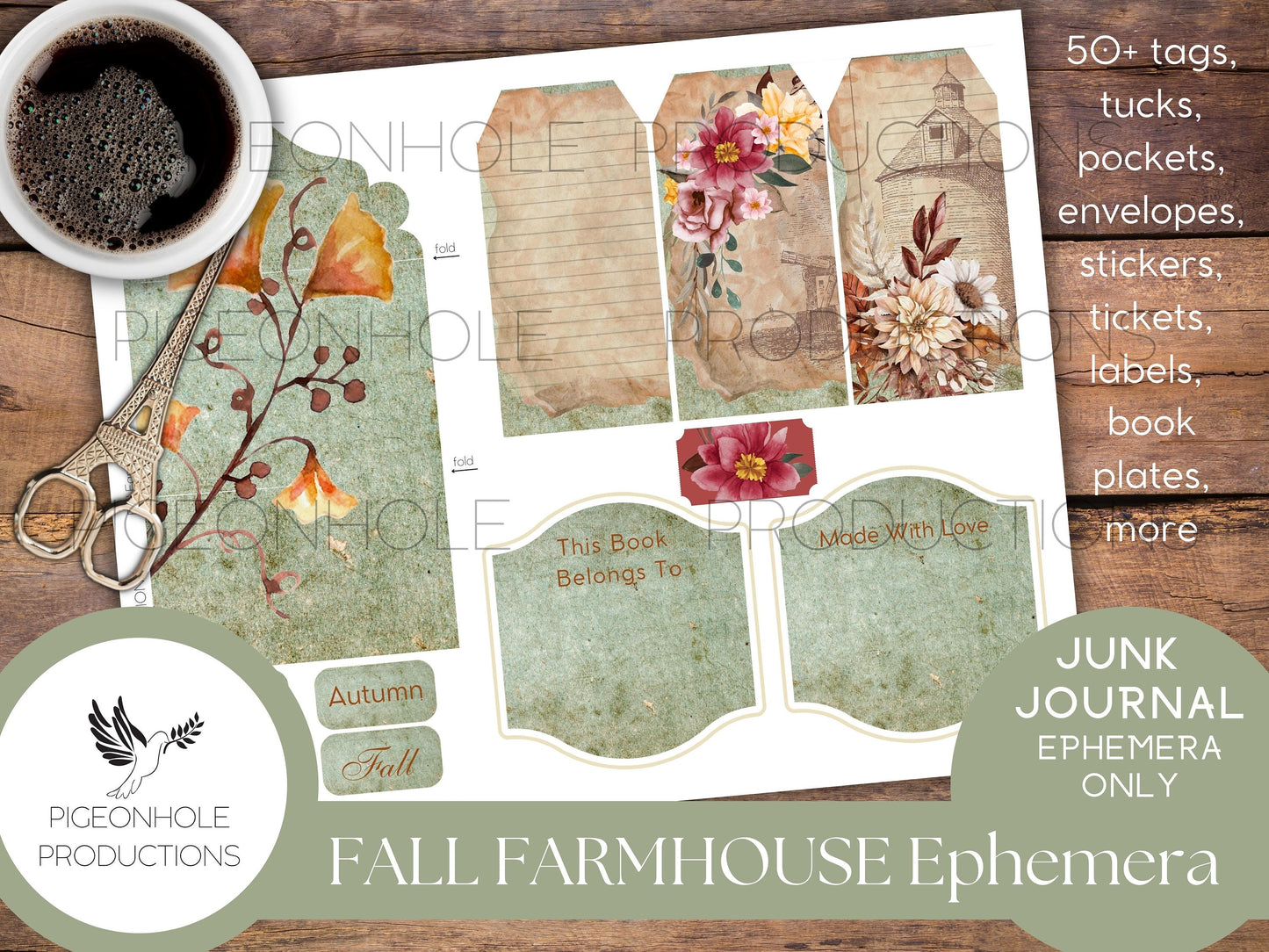 Fall Farmhouse Junk Journal EPHEMERA—PRINTABLE—50+ tags, tucks, pockets, envelopes, stickers, tickets, labels, book plates, more