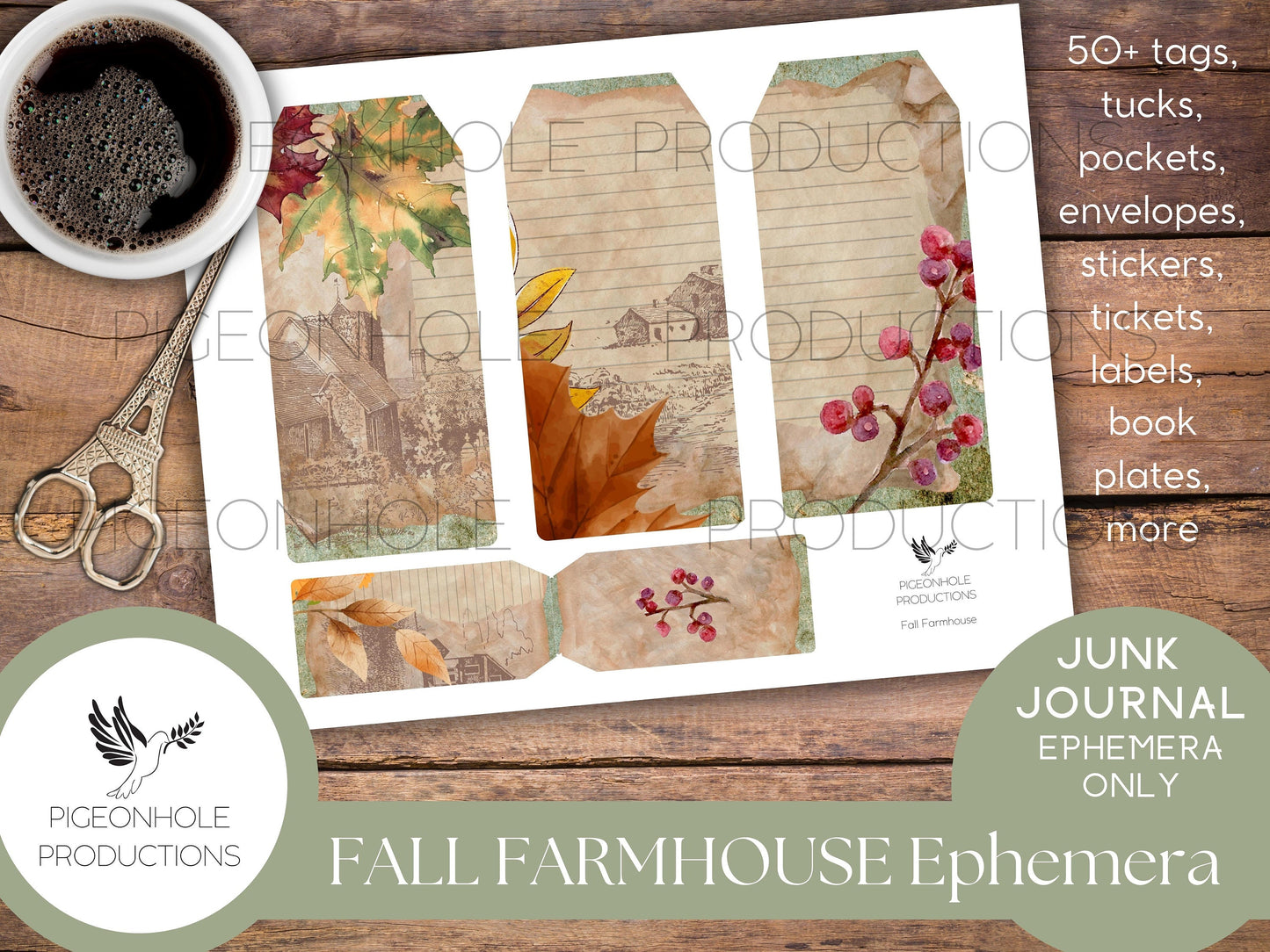 Fall Farmhouse Junk Journal EPHEMERA—PRINTABLE—50+ tags, tucks, pockets, envelopes, stickers, tickets, labels, book plates, more
