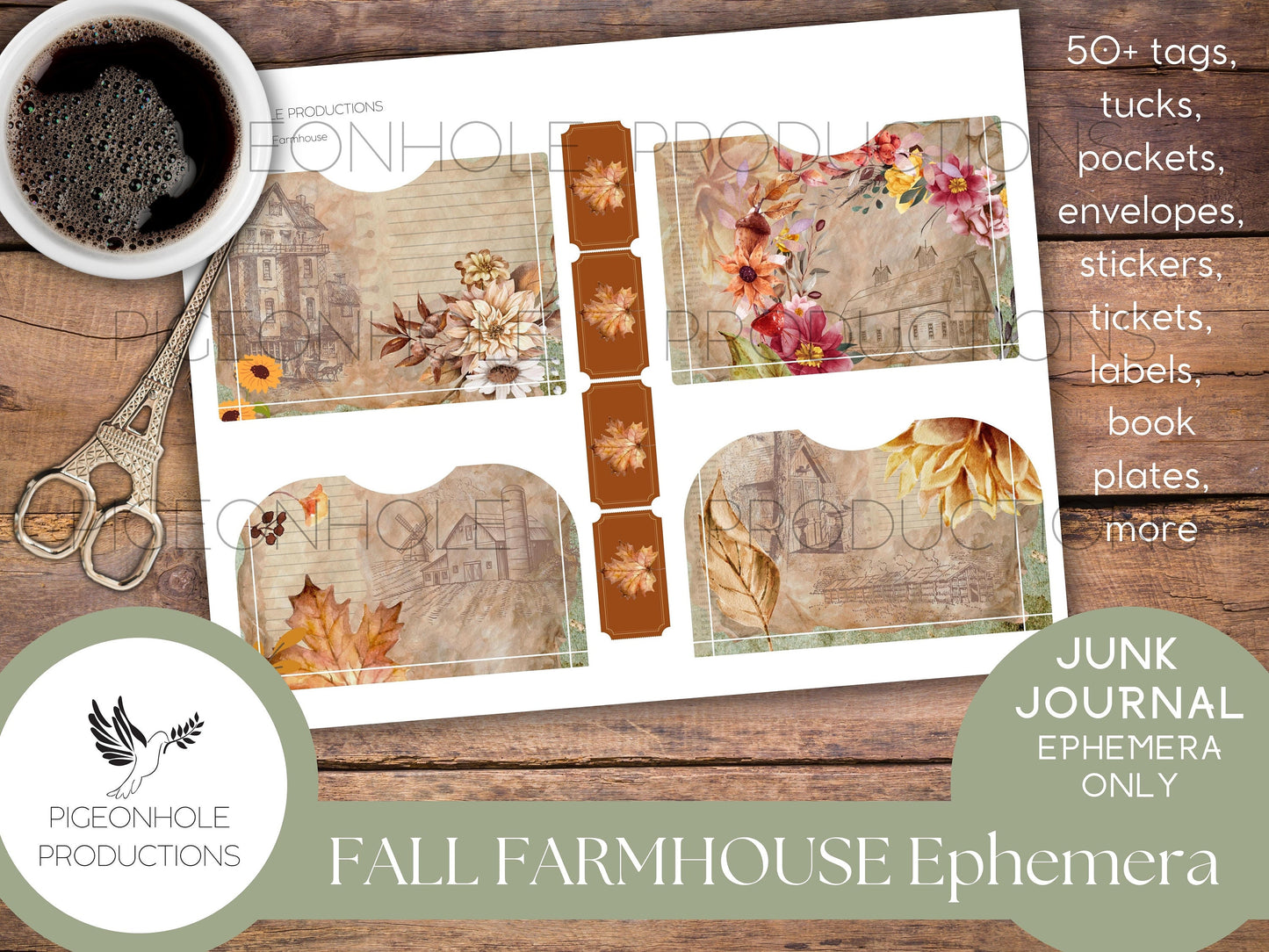Fall Farmhouse Junk Journal EPHEMERA—PRINTABLE—50+ tags, tucks, pockets, envelopes, stickers, tickets, labels, book plates, more