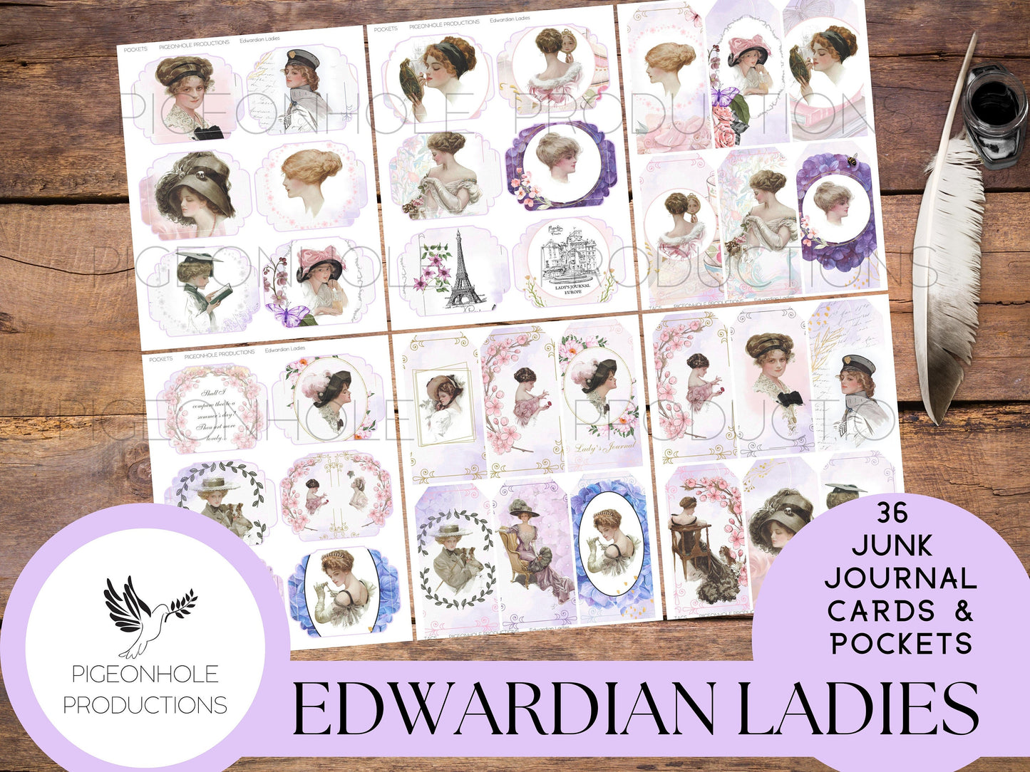 36 Edwardian Ladies Junk Journal Cards & Pockets, PRINTABLE, tribute to Harrison Fisher's illustrations—coordinating journal sold separately