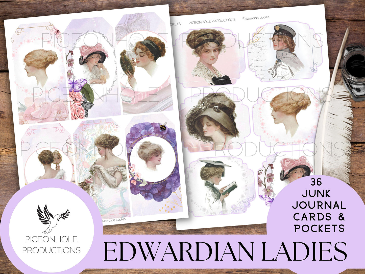 36 Edwardian Ladies Junk Journal Cards & Pockets, PRINTABLE, tribute to Harrison Fisher's illustrations—coordinating journal sold separately