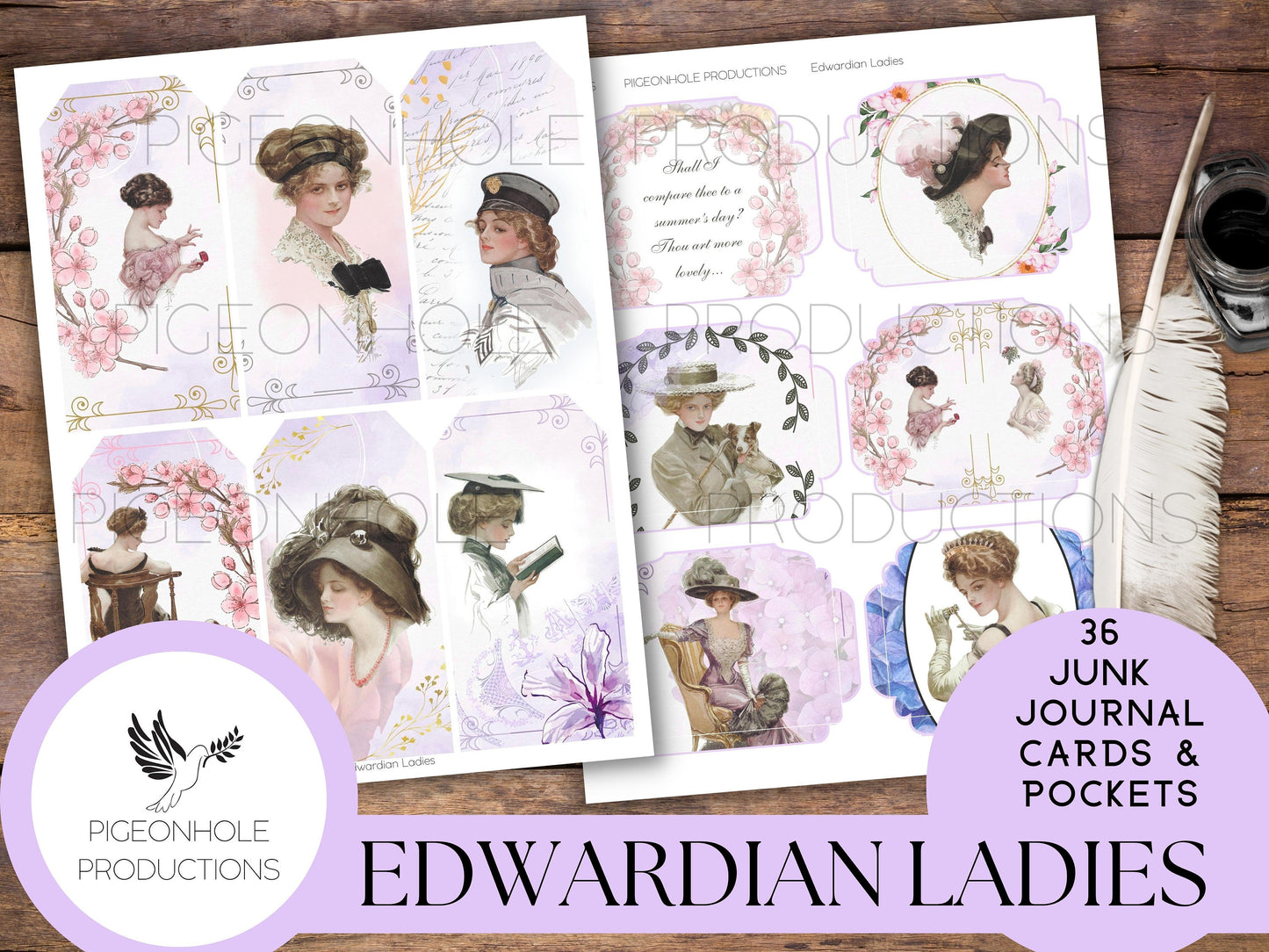 36 Edwardian Ladies Junk Journal Cards & Pockets, PRINTABLE, tribute to Harrison Fisher's illustrations—coordinating journal sold separately