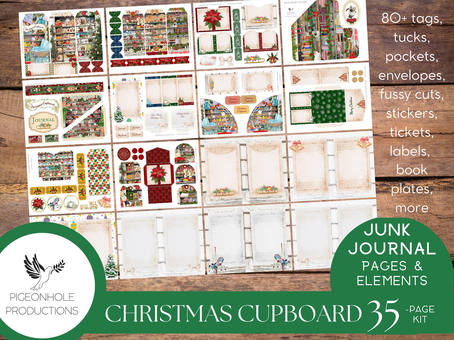 Christmas Cupboard Junk Journal Kit—PRINTABLE—35 pages, includes 80+ elements—toys, books, sweets, greetings, collections, decor