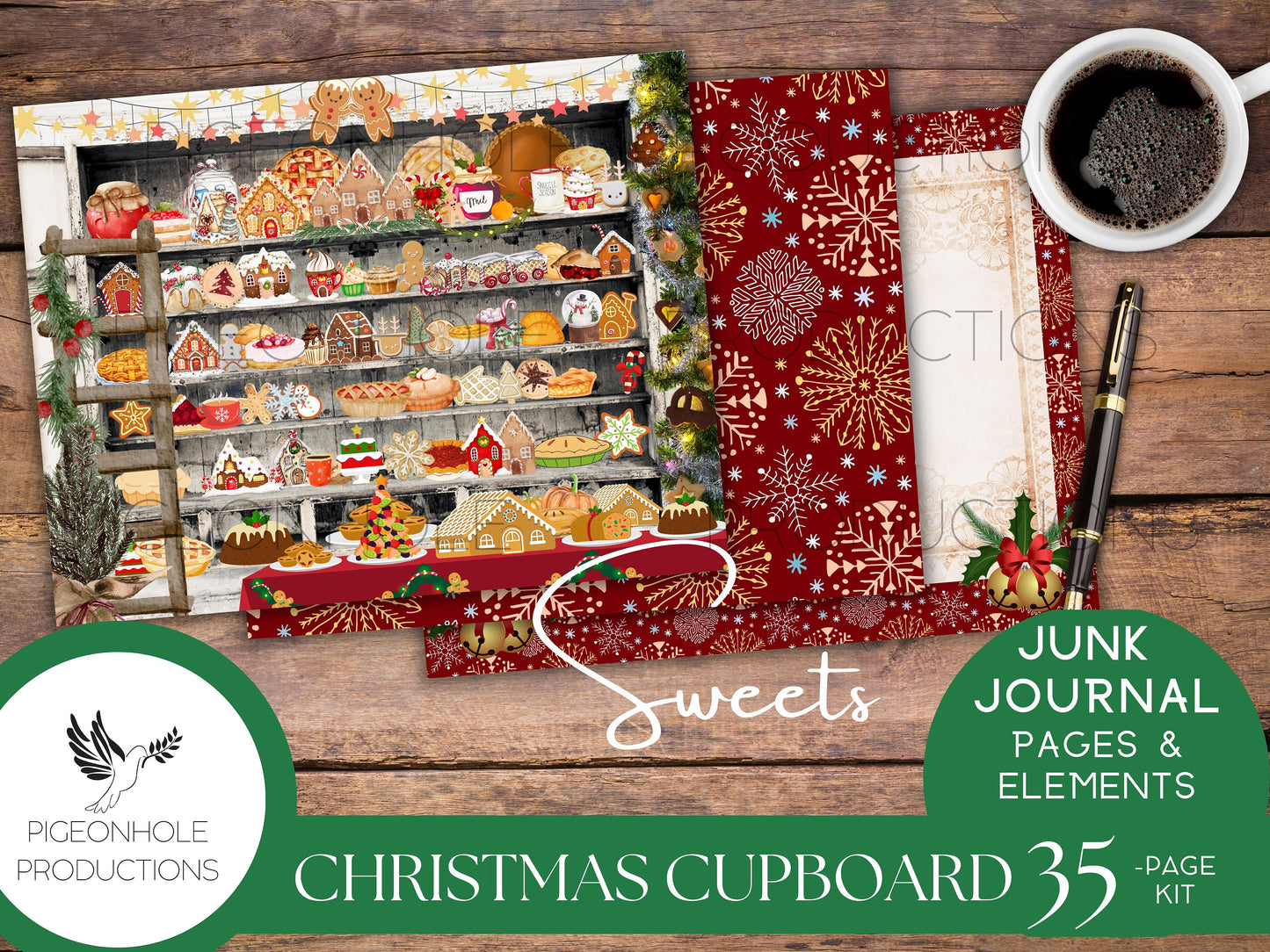 Christmas Cupboard Junk Journal Kit—PRINTABLE—35 pages, includes 80+ elements—toys, books, sweets, greetings, collections, decor