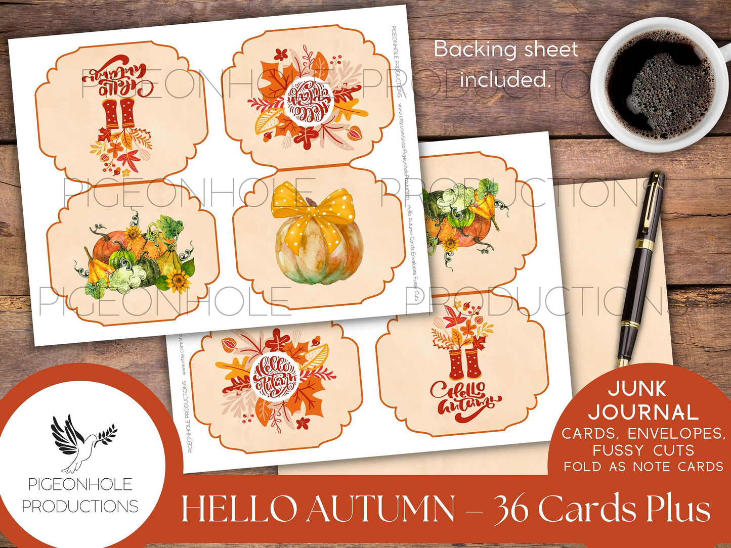 36 Hello Autumn Junk Journal Cards, Envelopes, Fussy Cuts, PRINTABLE, Fold for note cards, cut in half for journal cards—pretty fall colors!