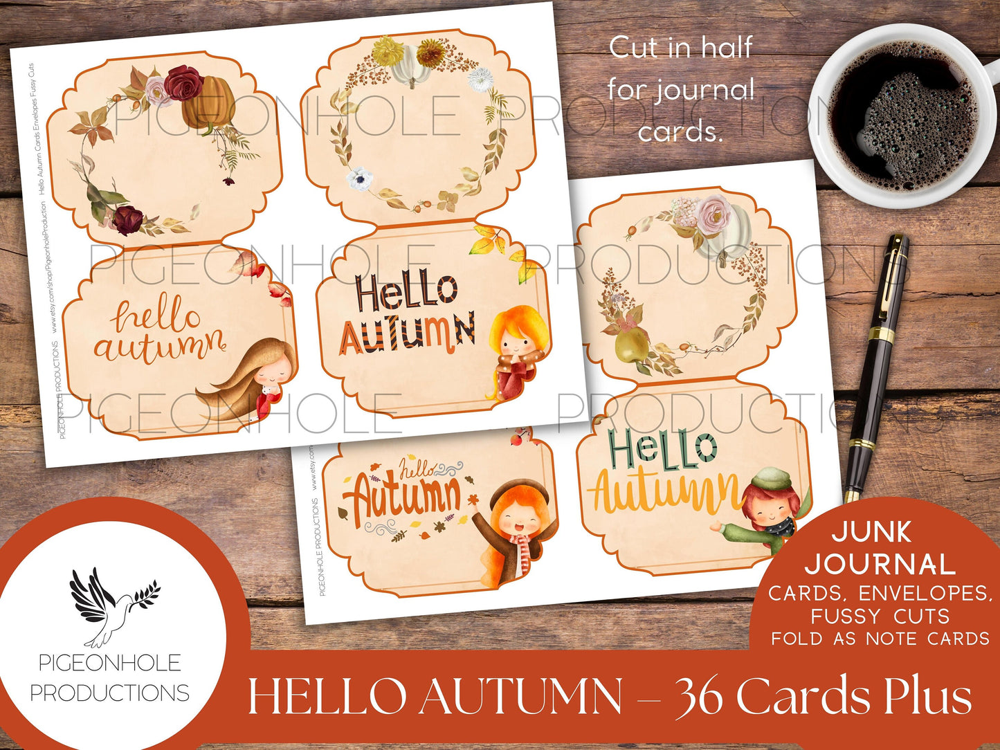 36 Hello Autumn Junk Journal Cards, Envelopes, Fussy Cuts, PRINTABLE, Fold for note cards, cut in half for journal cards—pretty fall colors!