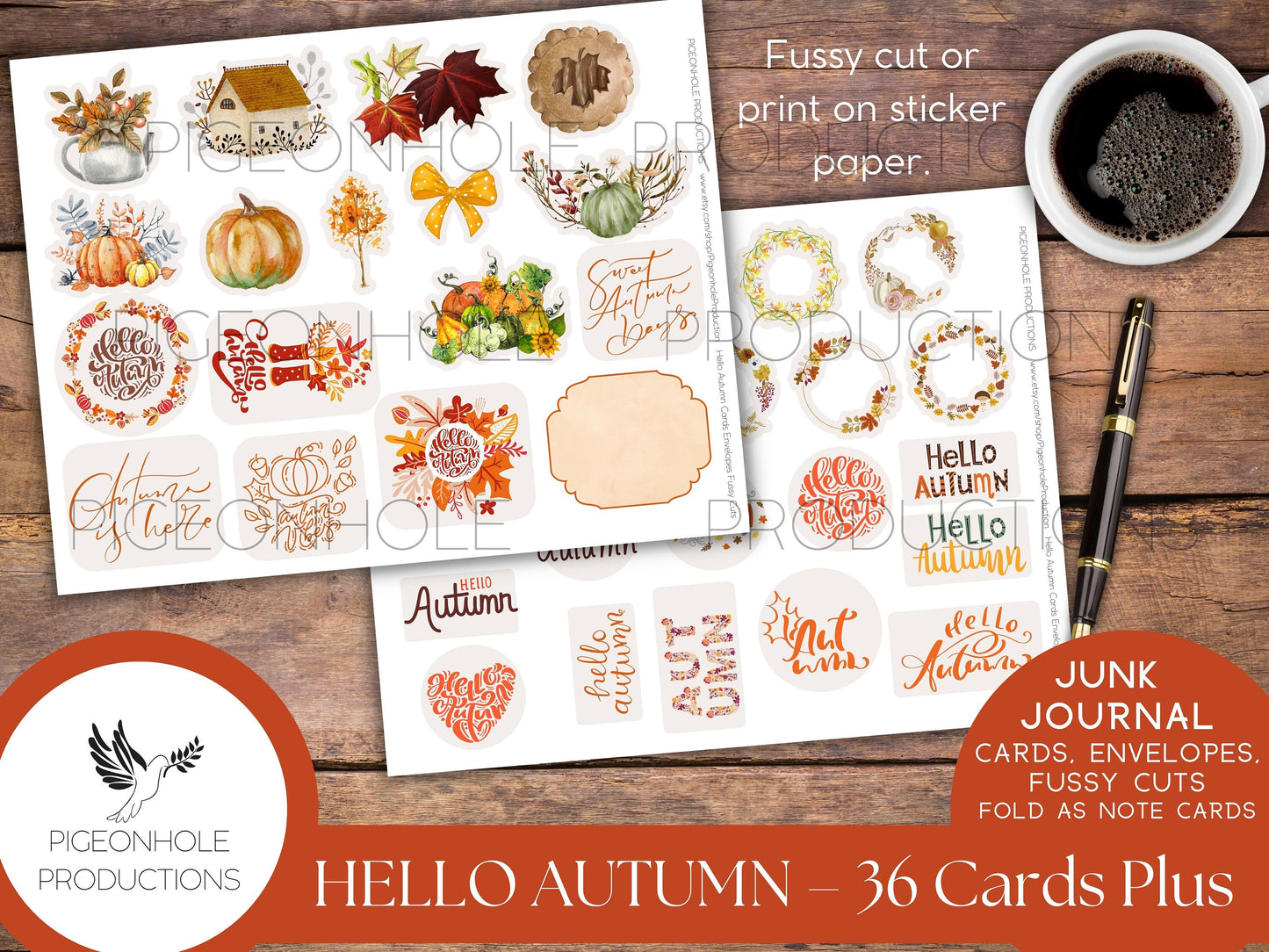 36 Hello Autumn Junk Journal Cards, Envelopes, Fussy Cuts, PRINTABLE, Fold for note cards, cut in half for journal cards—pretty fall colors!