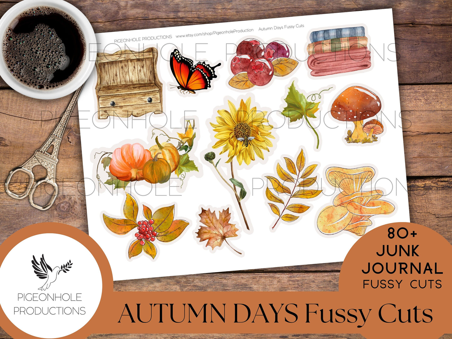 Autumn Days Junk Journal FUSSY CUTS, PRINTABLE, 80+ fussy cuts of leaves, sunflowers, pumpkins, rocking chairs, cider, apples, mushrooms