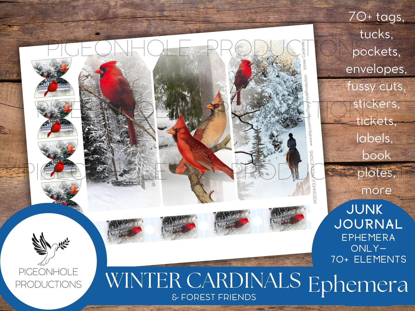 Winter Cardinal Bird Junk Journal EPHEMERA—PRINTABLE—70+ tags, tucks, pockets, envelopes, fussy cuts, stickers, tickets, labels, book plates