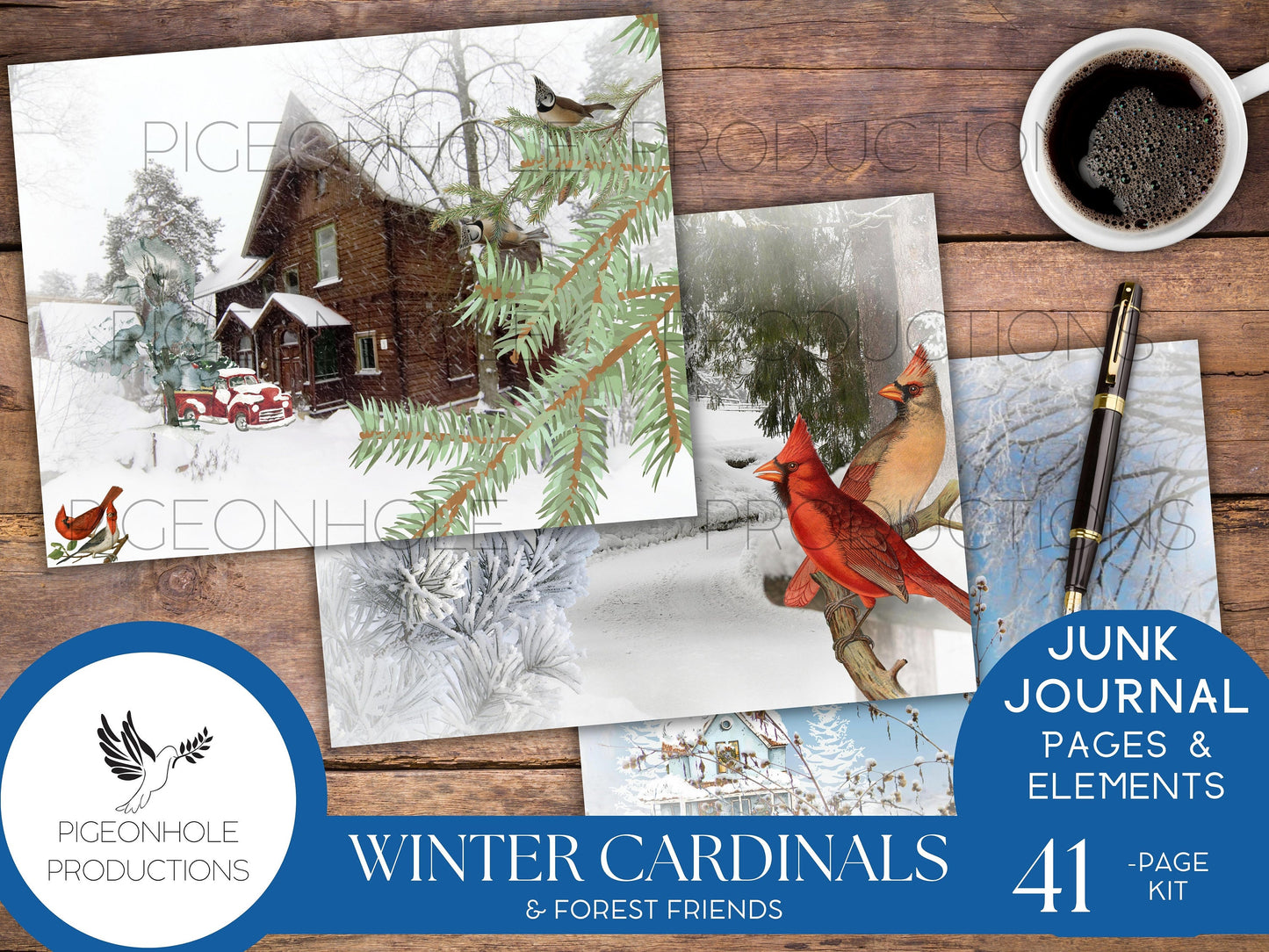 Winter Cardinal Bird & Forest Friends Winter Wonderland Junk Journal Kit—PRINTABLE—includes pages and all ephemera needed—see description!