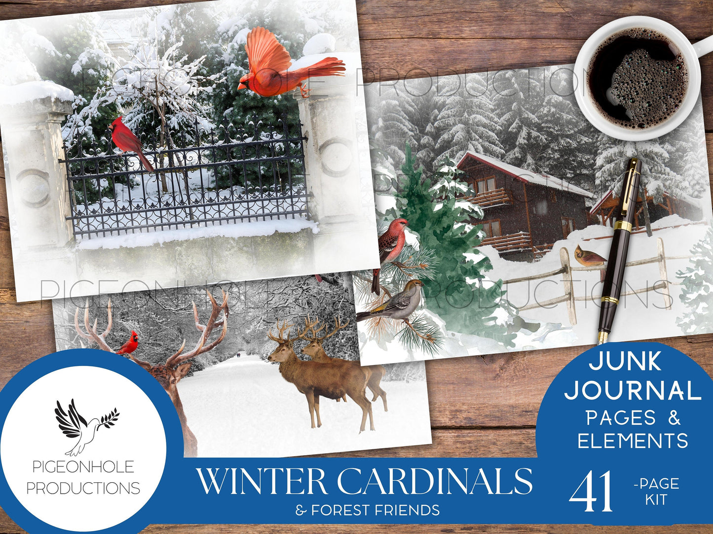 Winter Cardinal Bird & Forest Friends Winter Wonderland Junk Journal Kit—PRINTABLE—includes pages and all ephemera needed—see description!