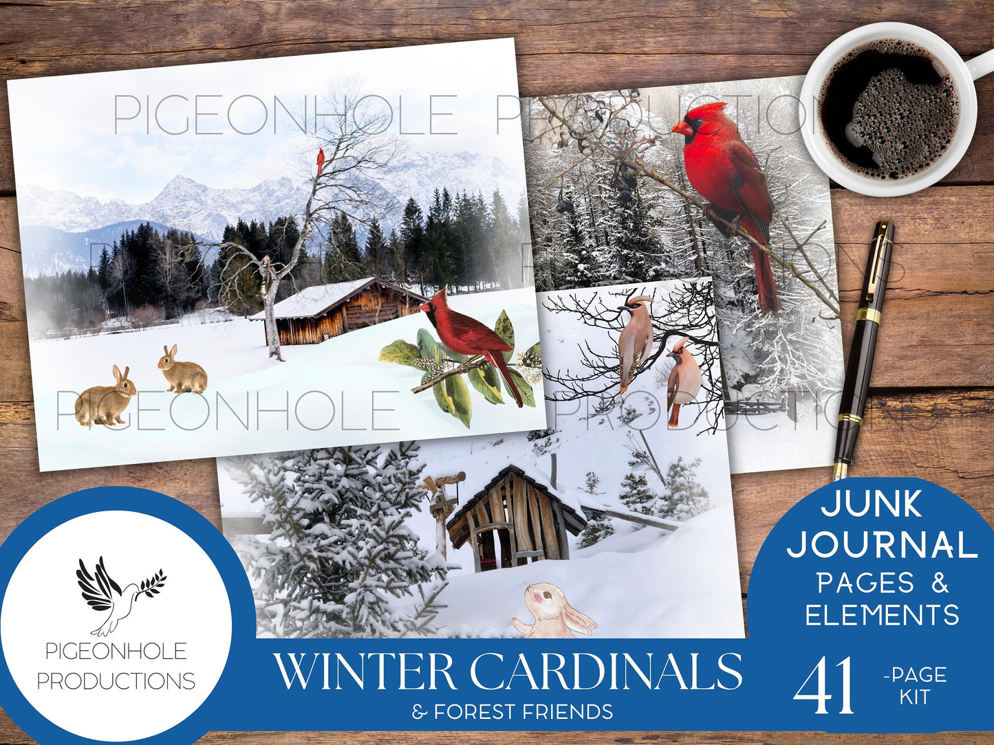 Winter Cardinal Bird & Forest Friends Winter Wonderland Junk Journal Kit—PRINTABLE—includes pages and all ephemera needed—see description!