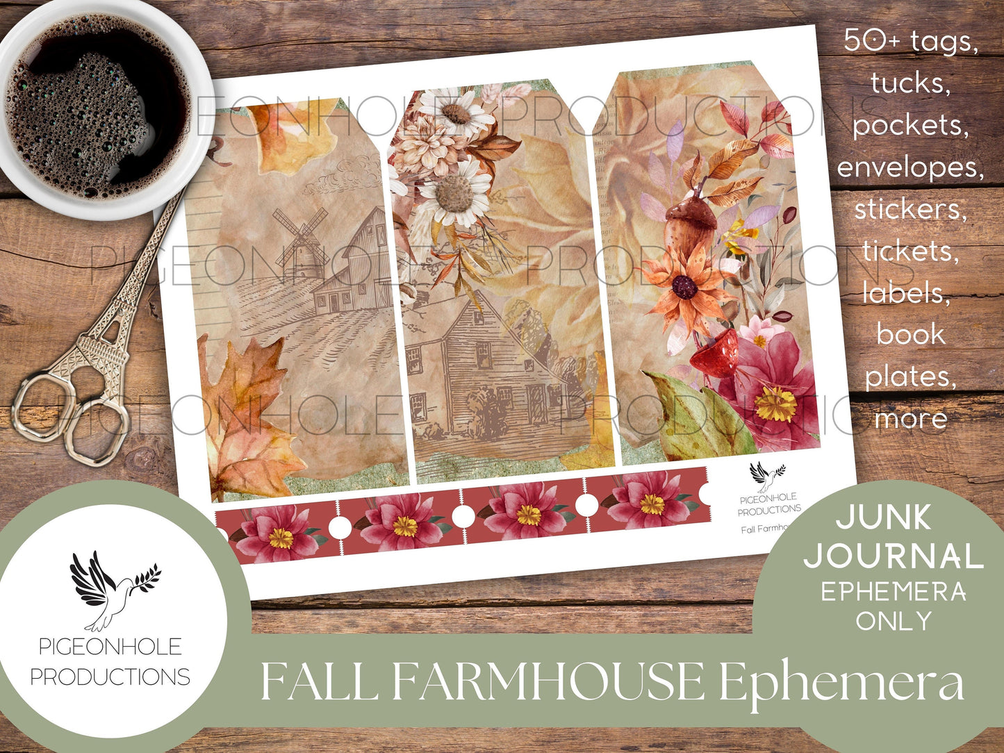 Fall Farmhouse Junk Journal EPHEMERA—PRINTABLE—50+ tags, tucks, pockets, envelopes, stickers, tickets, labels, book plates, more