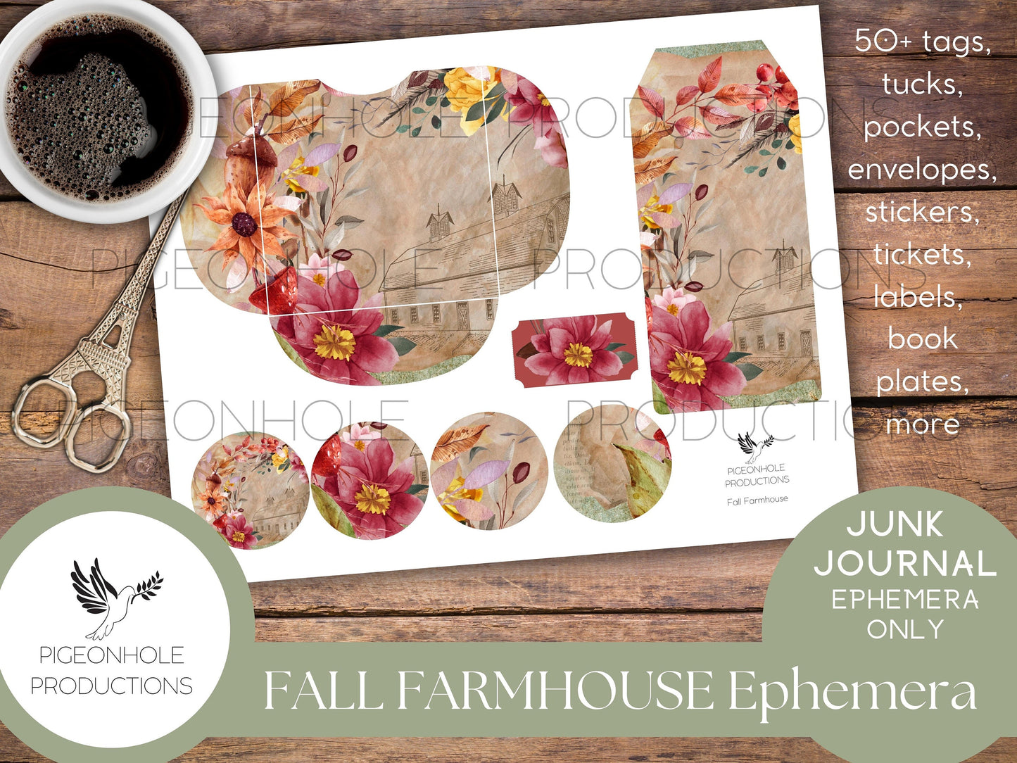 Fall Farmhouse Junk Journal EPHEMERA—PRINTABLE—50+ tags, tucks, pockets, envelopes, stickers, tickets, labels, book plates, more