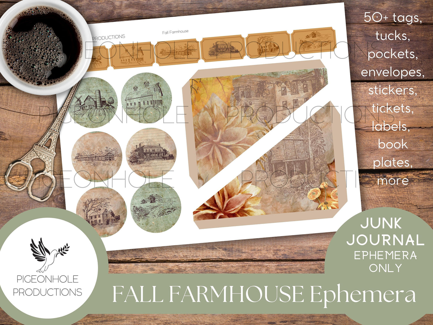 Fall Farmhouse Junk Journal EPHEMERA—PRINTABLE—50+ tags, tucks, pockets, envelopes, stickers, tickets, labels, book plates, more