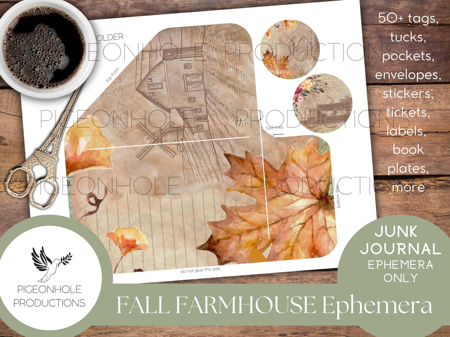 Fall Farmhouse Junk Journal EPHEMERA—PRINTABLE—50+ tags, tucks, pockets, envelopes, stickers, tickets, labels, book plates, more