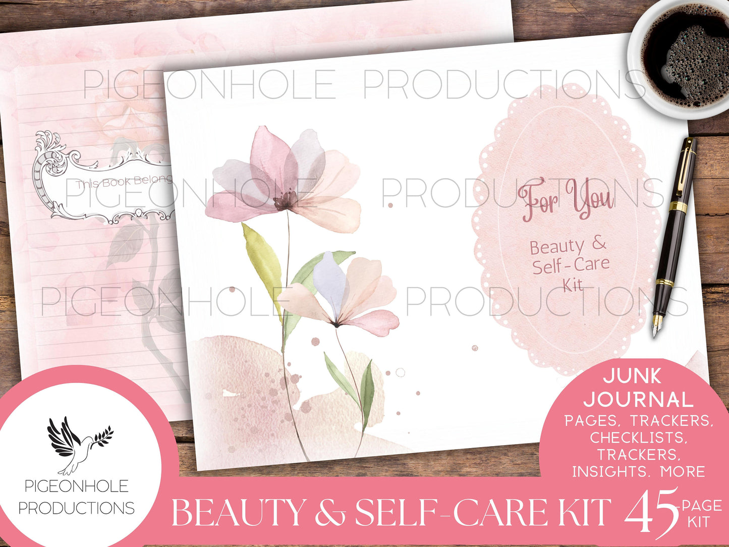 Beauty & Self-Care Junk Journal Kit, self care, skin care, home care, mind, body, soul, creativity, fun, checklists, trackers, insights