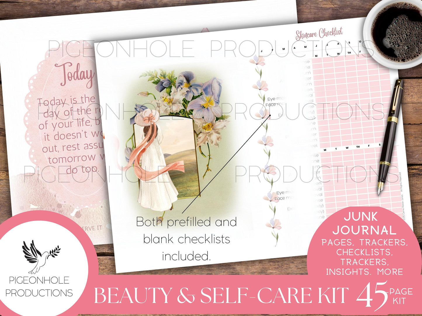 Beauty & Self-Care Junk Journal Kit, self care, skin care, home care, mind, body, soul, creativity, fun, checklists, trackers, insights