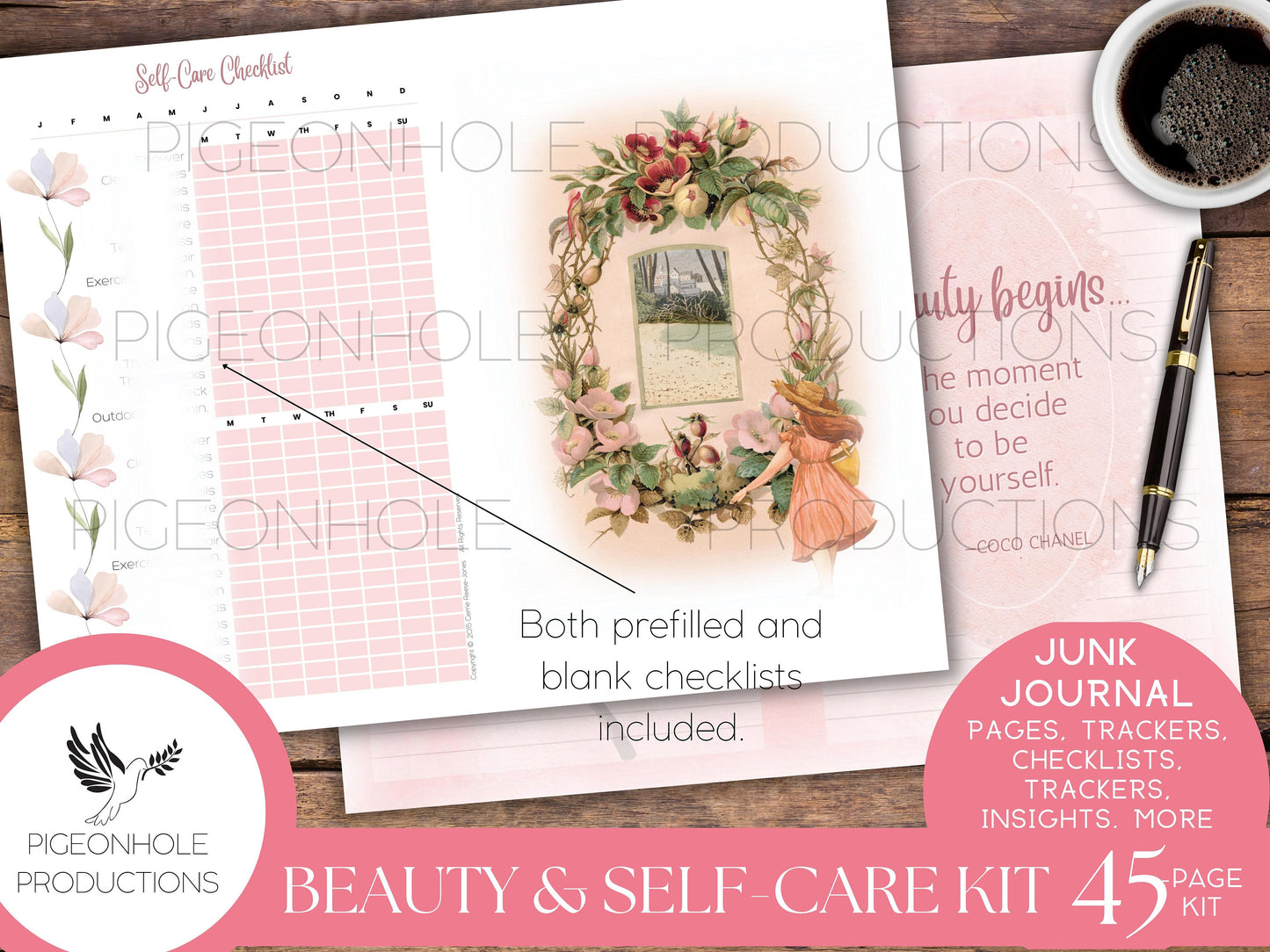 Beauty & Self-Care Junk Journal Kit, self care, skin care, home care, mind, body, soul, creativity, fun, checklists, trackers, insights